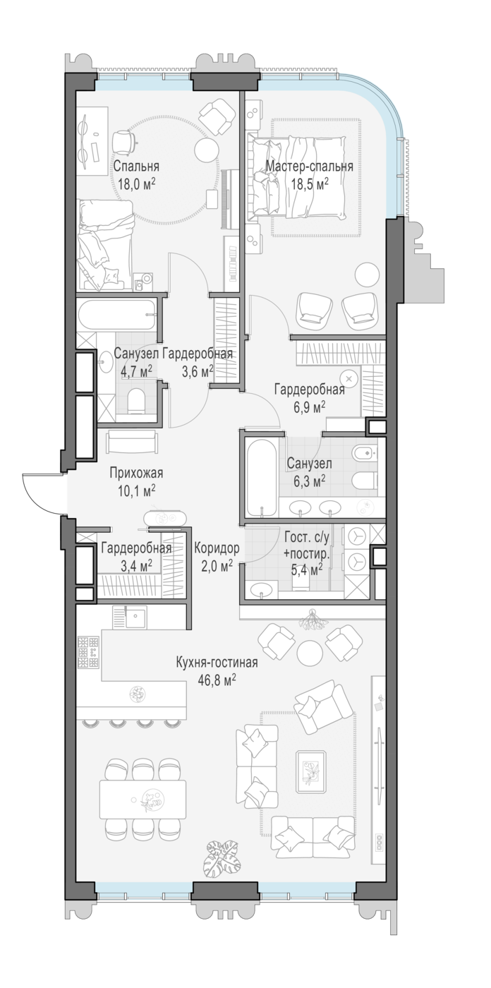 3 комн. квартира, 124.4 м², 8 этаж 