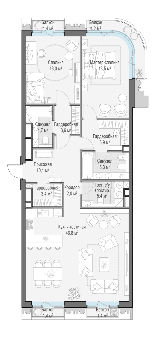 3 комн. квартира, 126.9 м², 7 этаж 