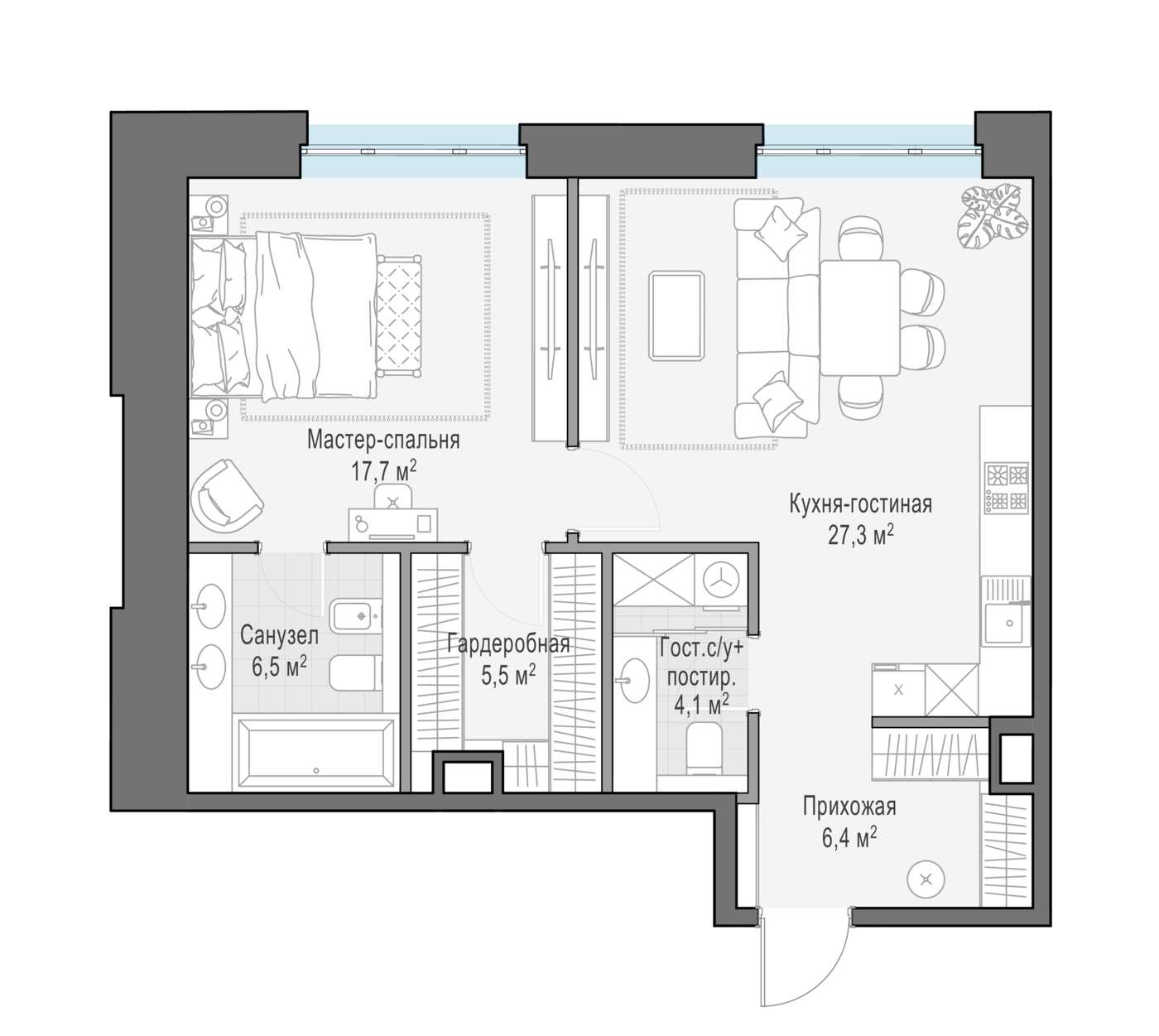 квартира со свободной планировкой, 67.4 м², 1 этаж 