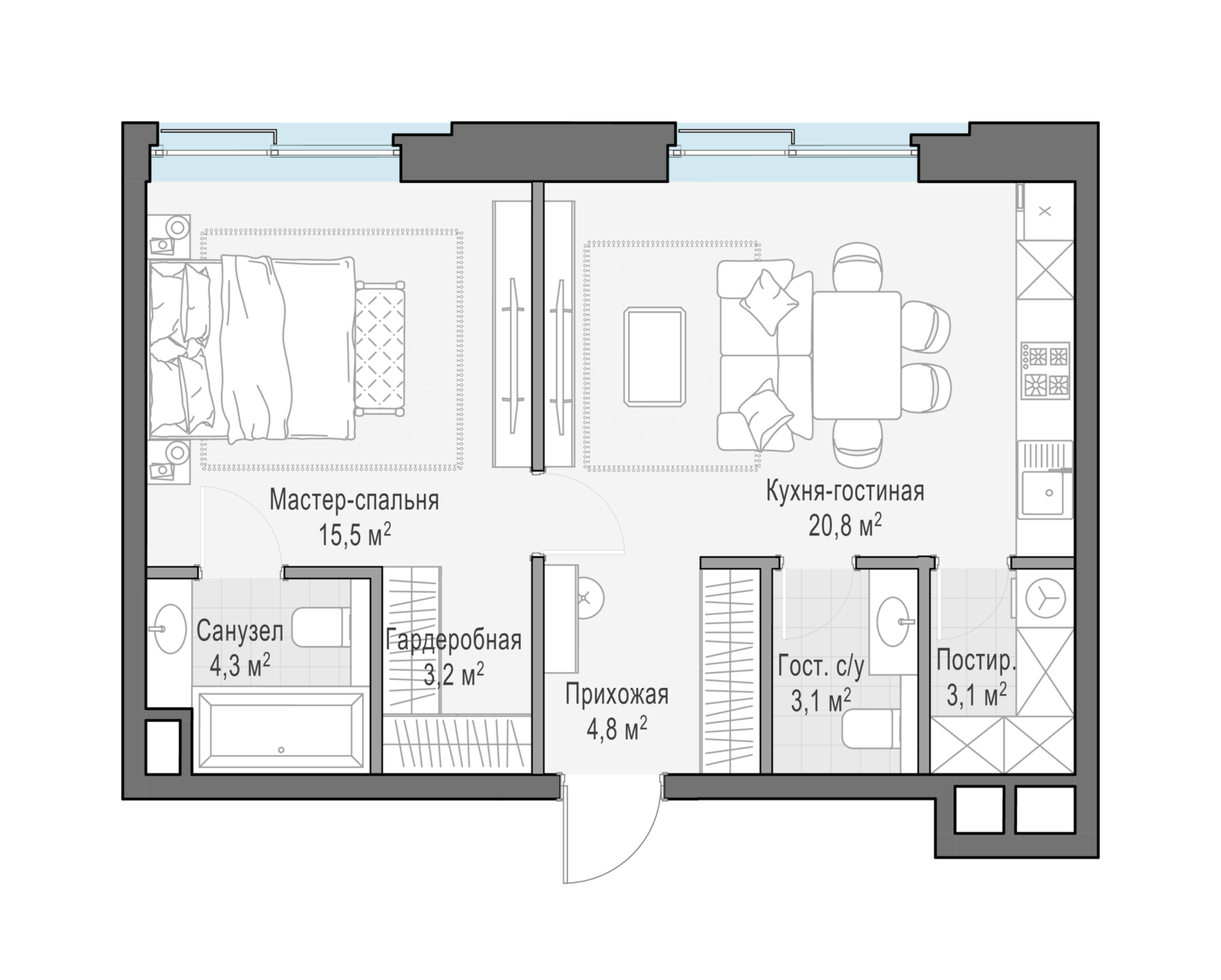 1 комн. квартира, 54.7 м², 2 этаж 