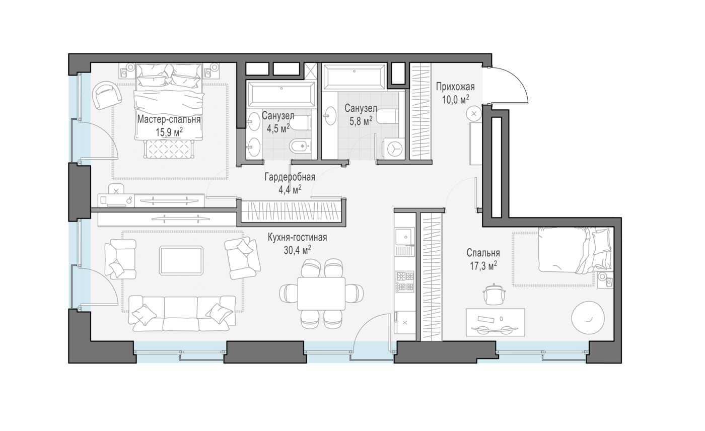 2 комн. квартира, 88.2 м², 4 этаж 
