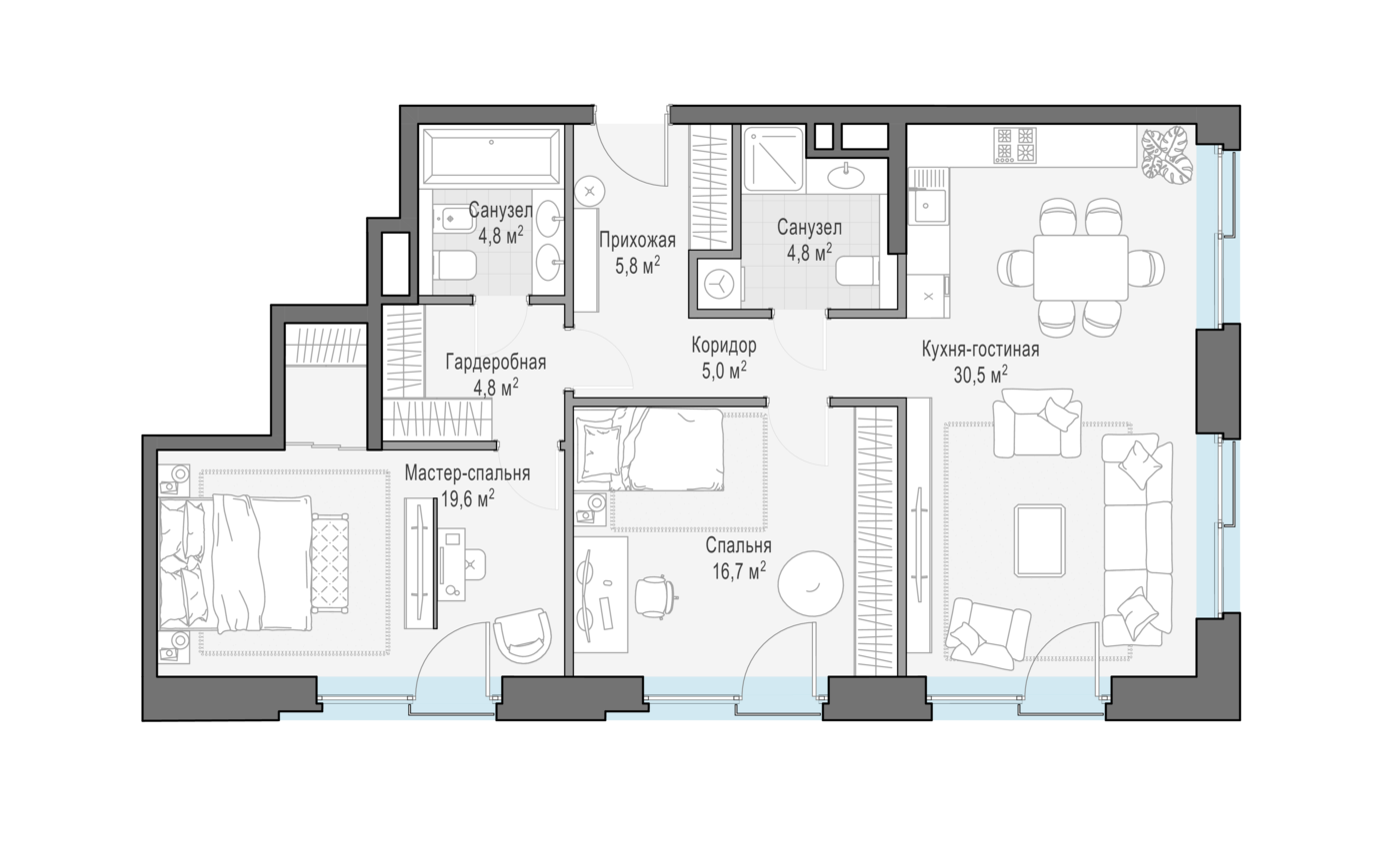 2 комн. квартира, 91.8 м², 2 этаж 