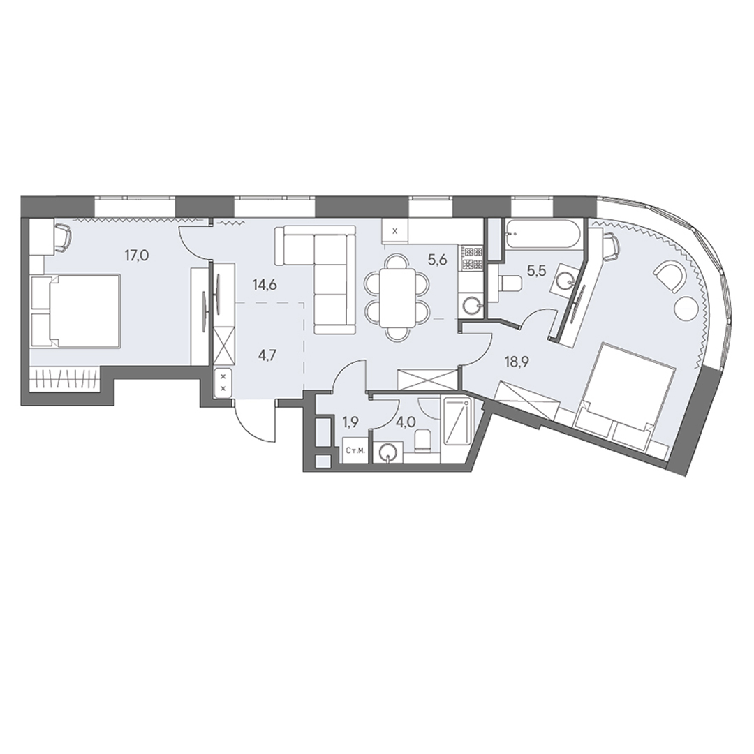 3 комн. квартира, 72.2 м², 9 этаж 