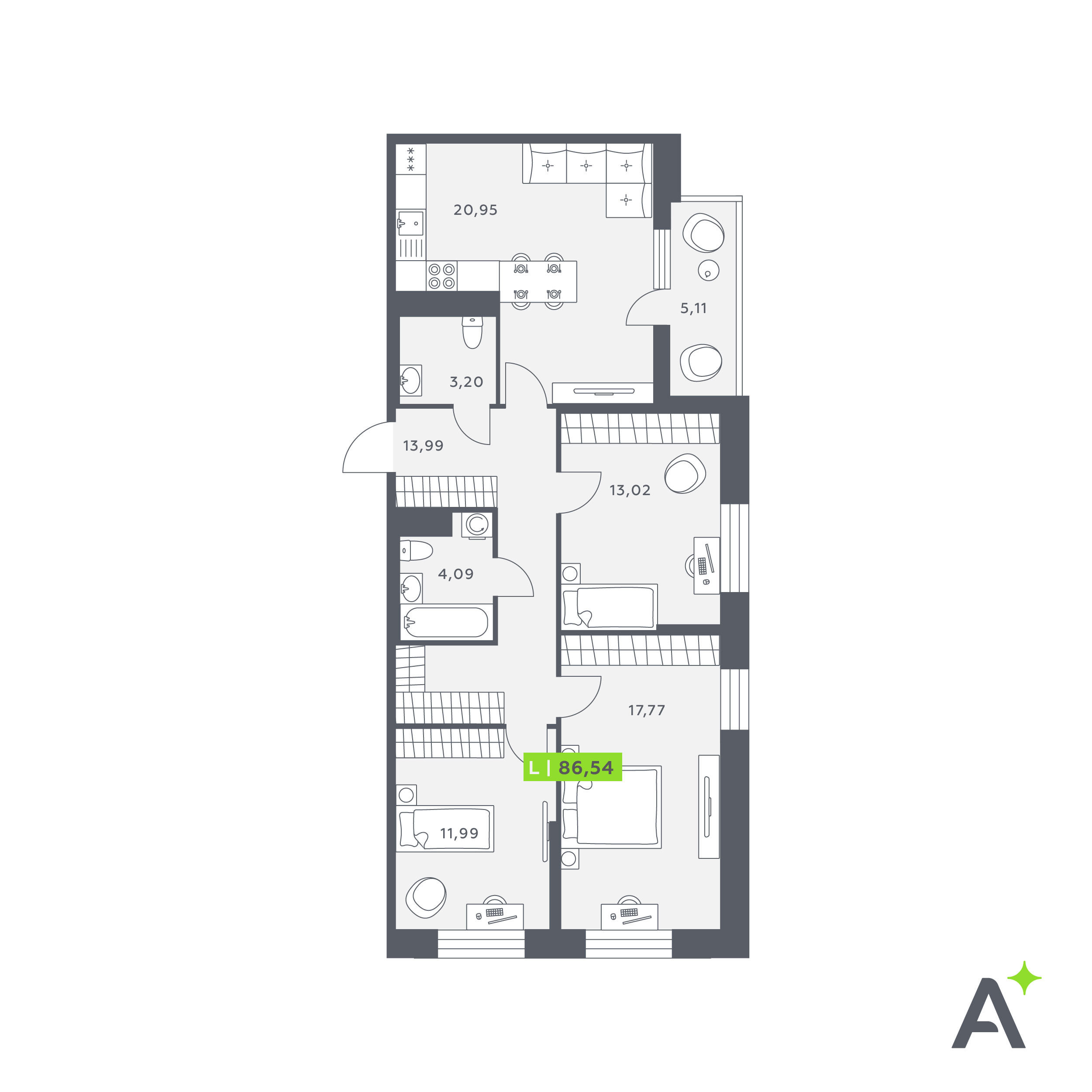 4 комн. квартира, 86.5 м², 6 этаж 