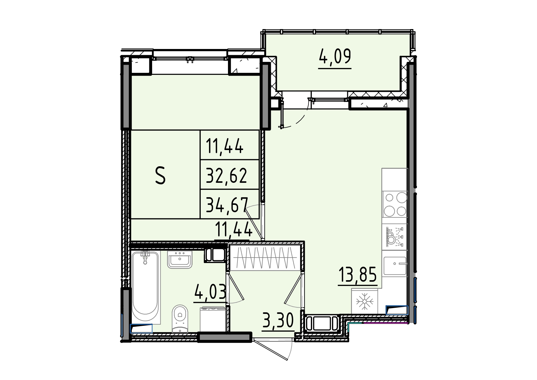 2 комн. квартира, 34.7 м², 4 этаж 