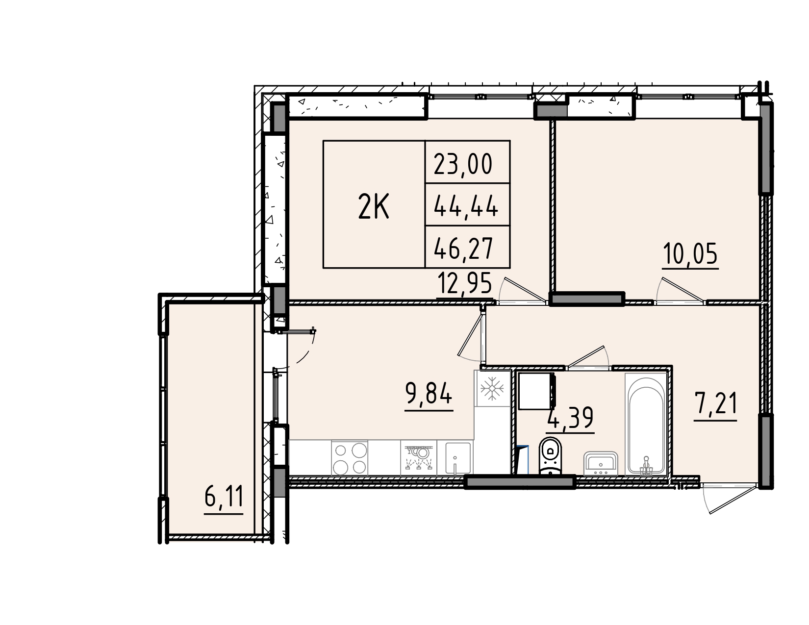 2 комн. квартира, 46.3 м², 1 этаж 