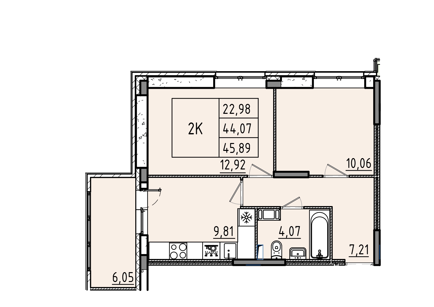 2 комн. квартира, 45.9 м², 9 этаж 