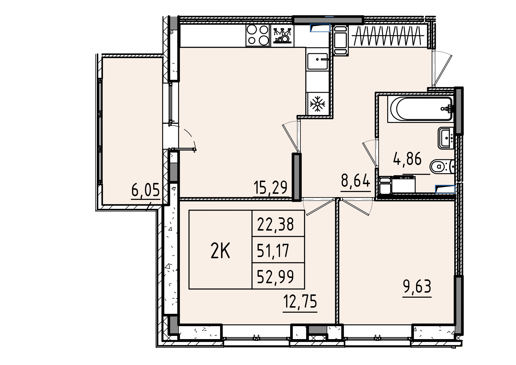 3 комн. квартира, 53 м², 3 этаж 