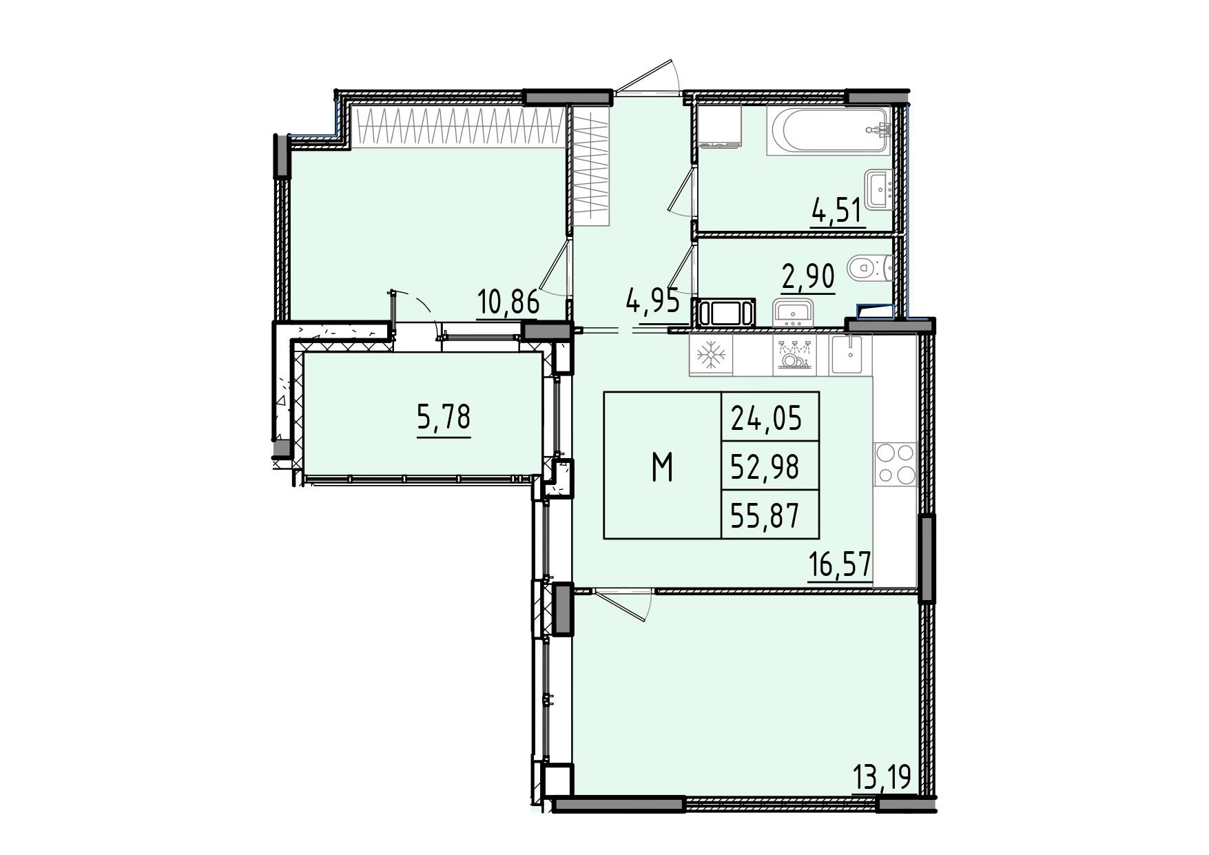 3 комн. квартира, 55.9 м², 3 этаж 