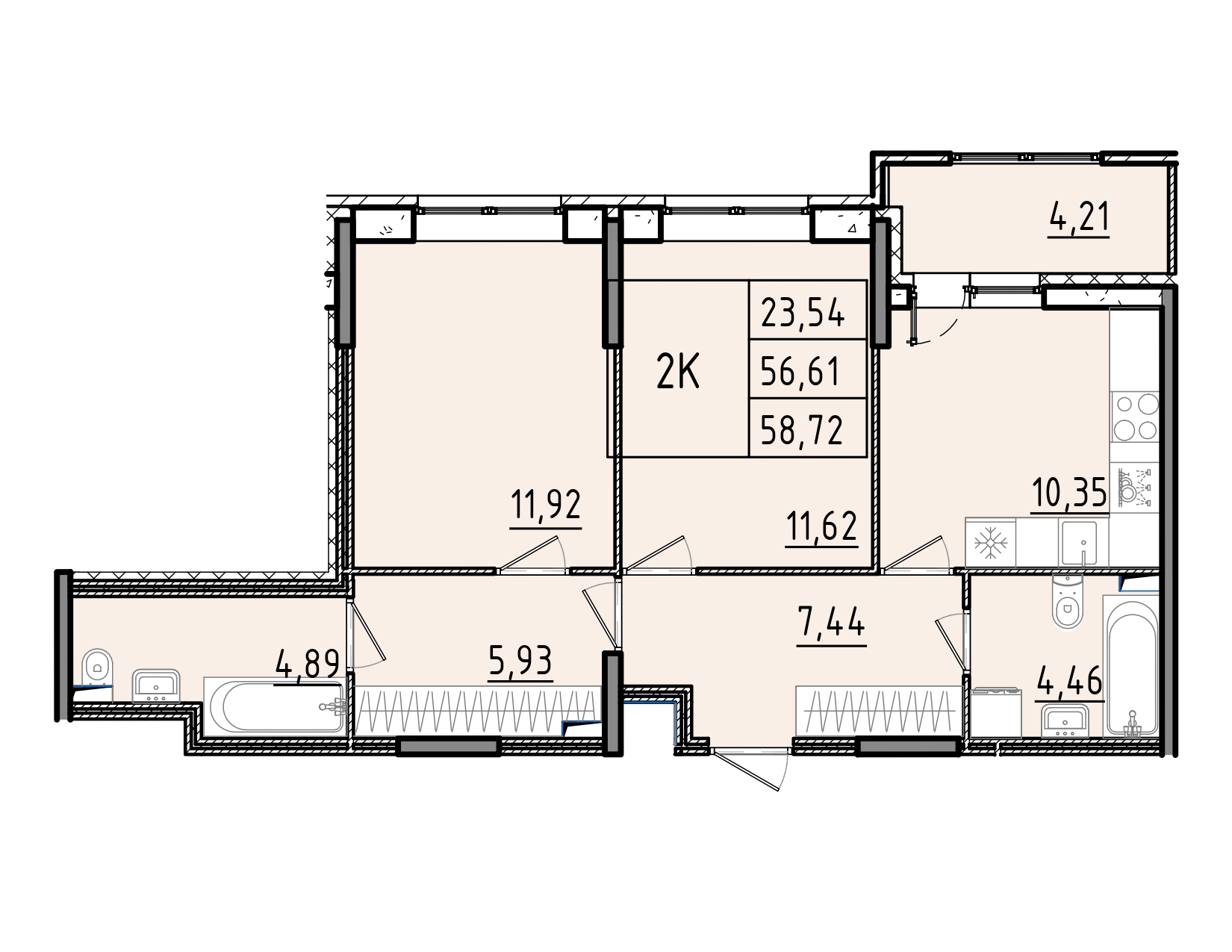 2 комн. квартира, 58.7 м², 1 этаж 