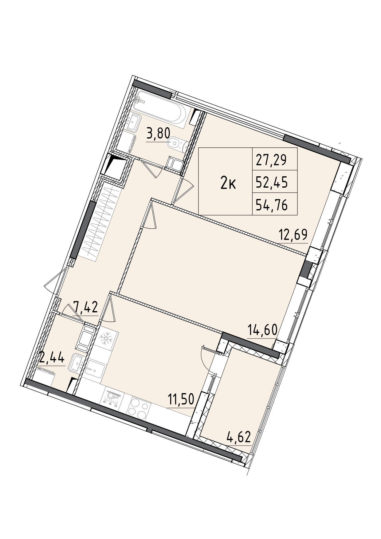 2 комн. квартира, 54.8 м², 6 этаж 