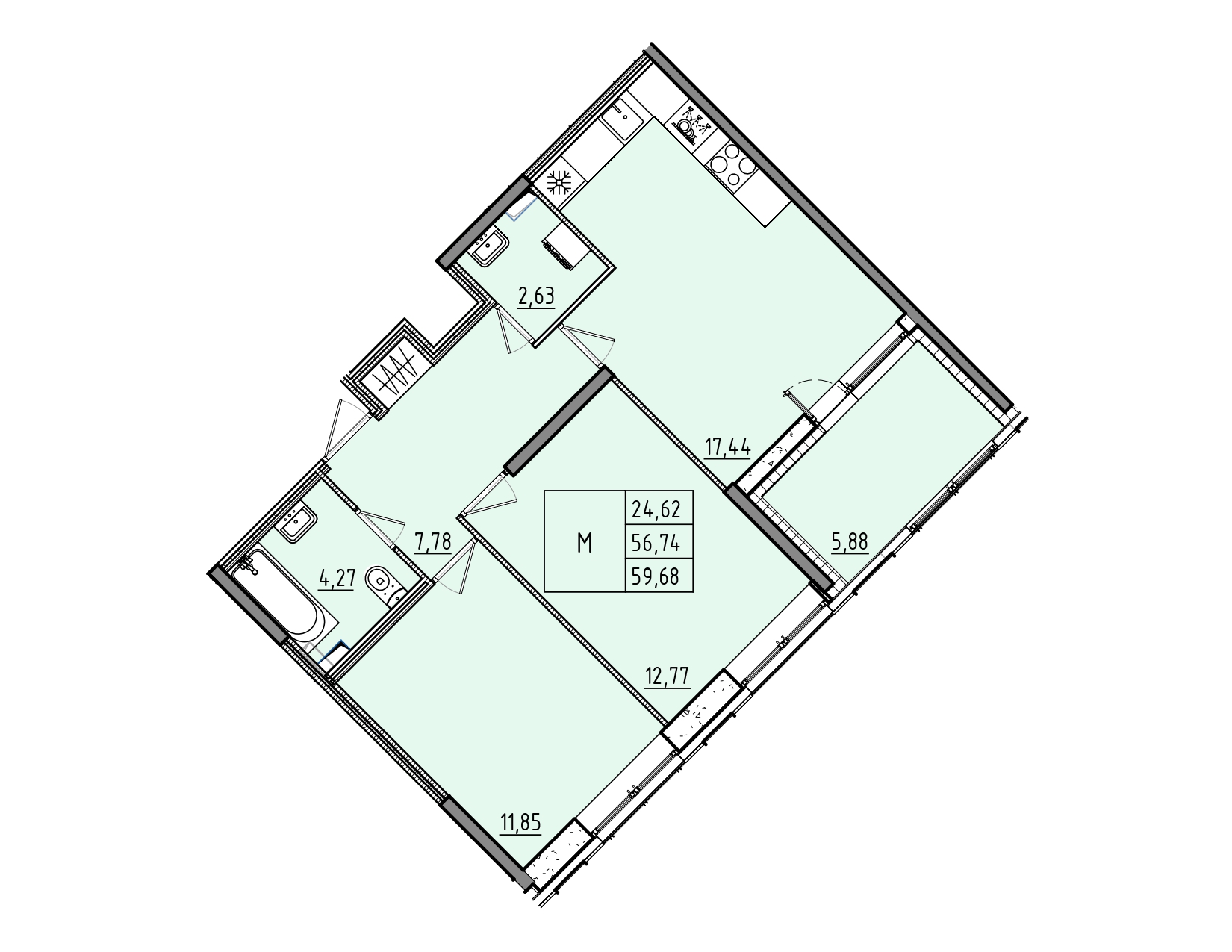 3 комн. квартира, 59.7 м², 2 этаж 