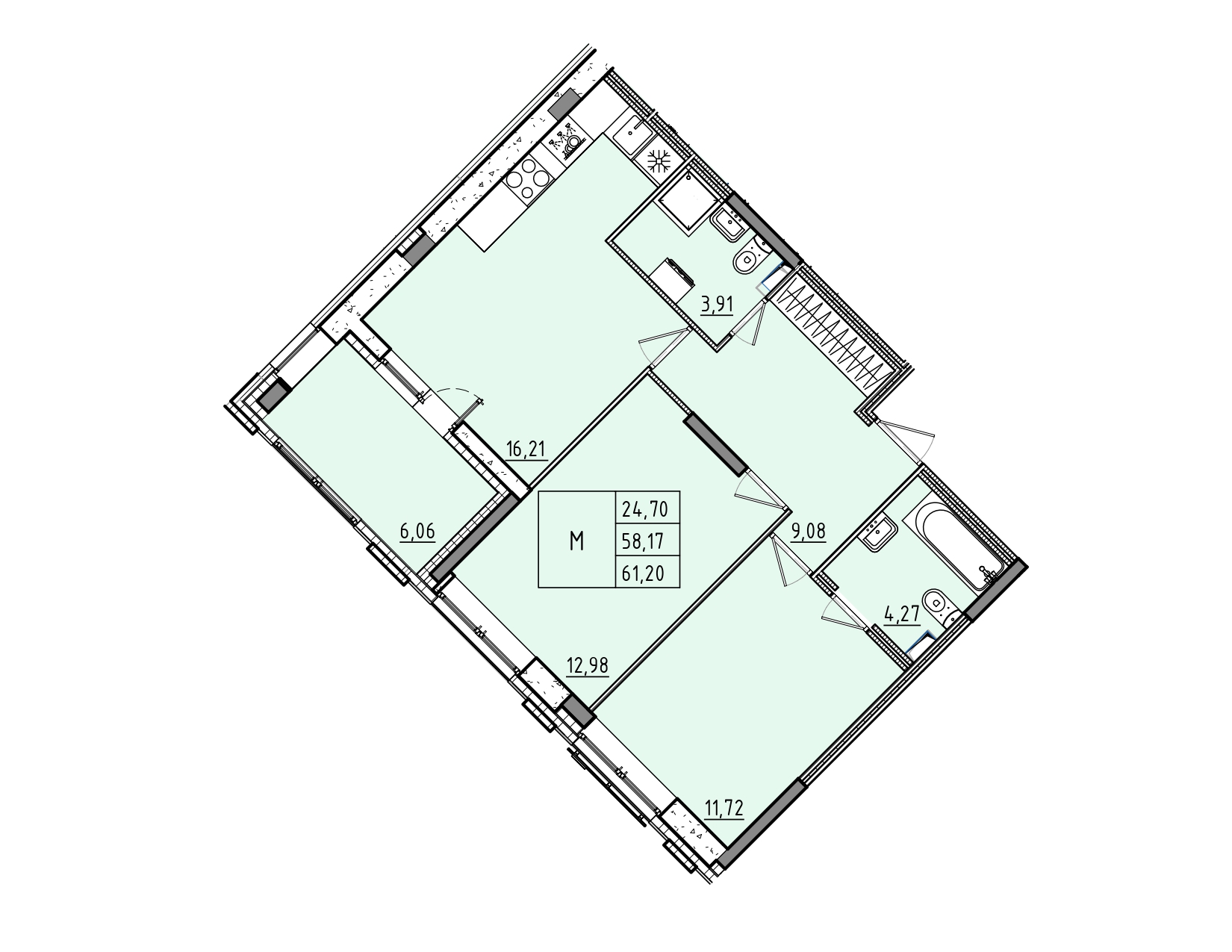 3 комн. квартира, 61.2 м², 2 этаж 
