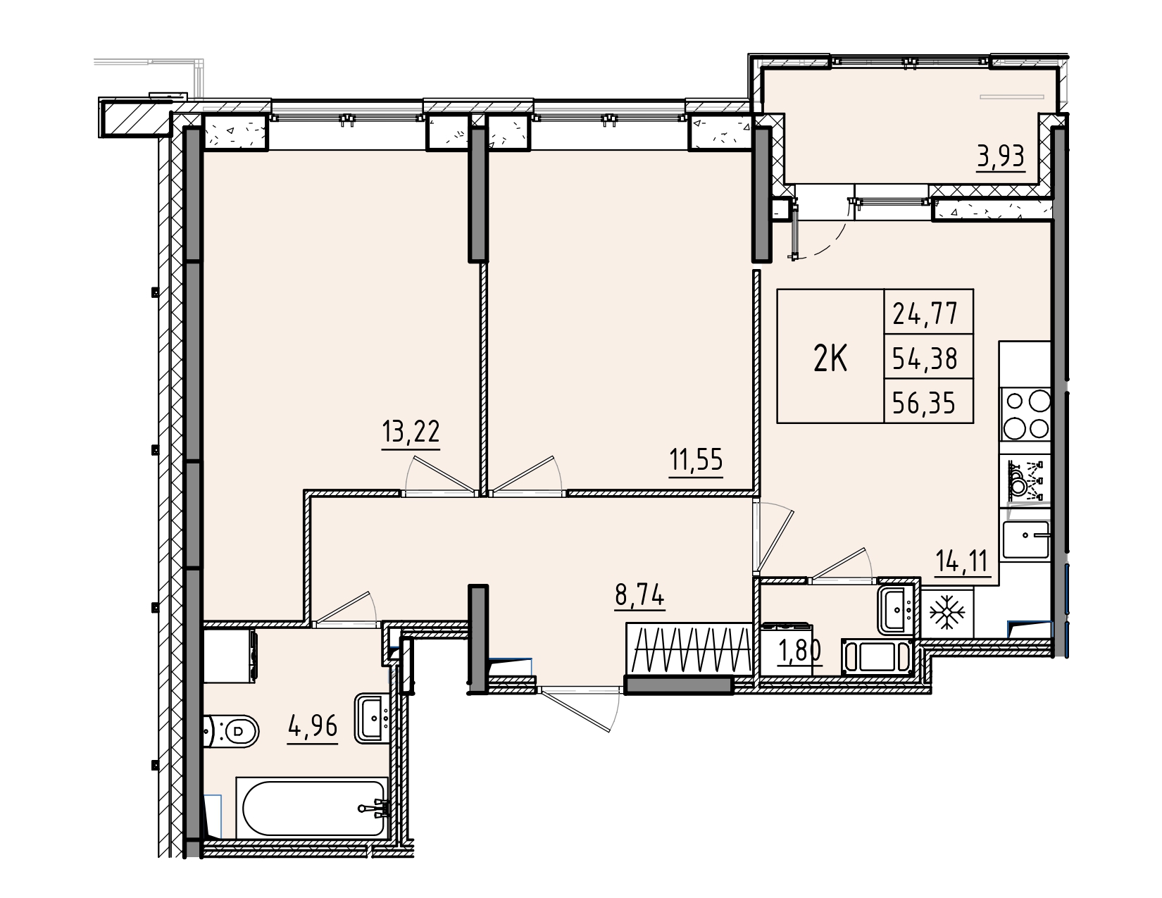 3 комн. квартира, 56.4 м², 2 этаж 