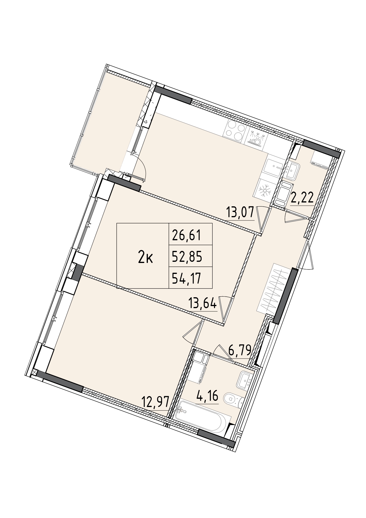 3 комн. квартира, 54.2 м², 7 этаж 