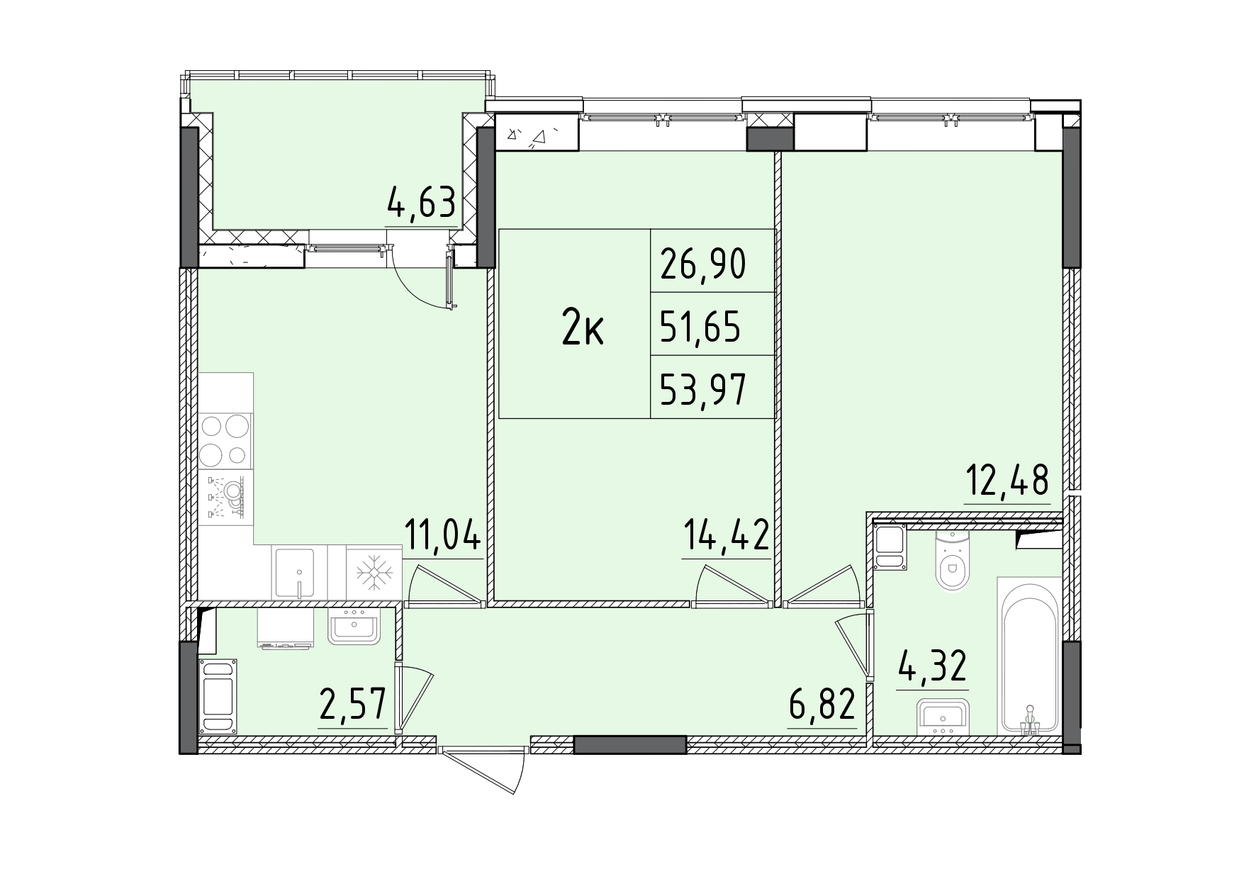 2 комн. квартира, 54 м², 9 этаж 