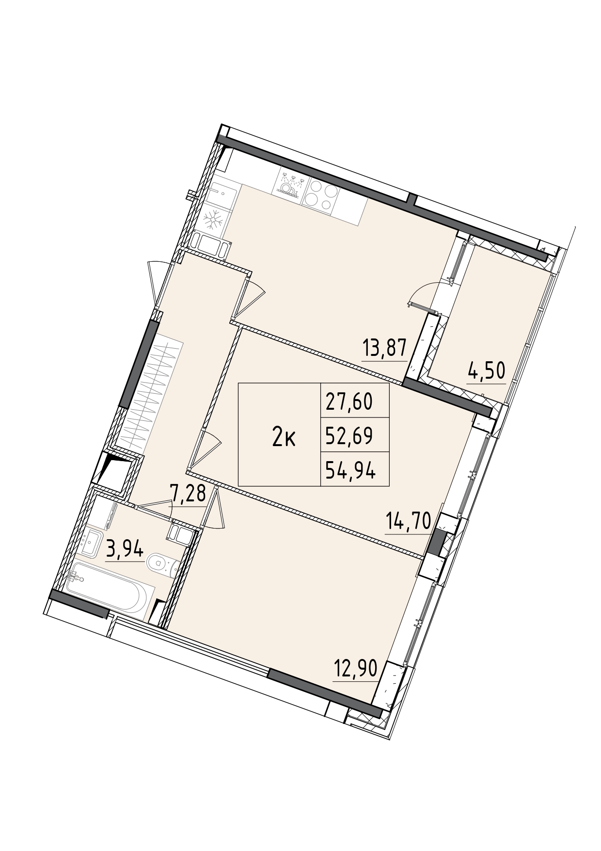 3 комн. квартира, 54.9 м², 9 этаж 