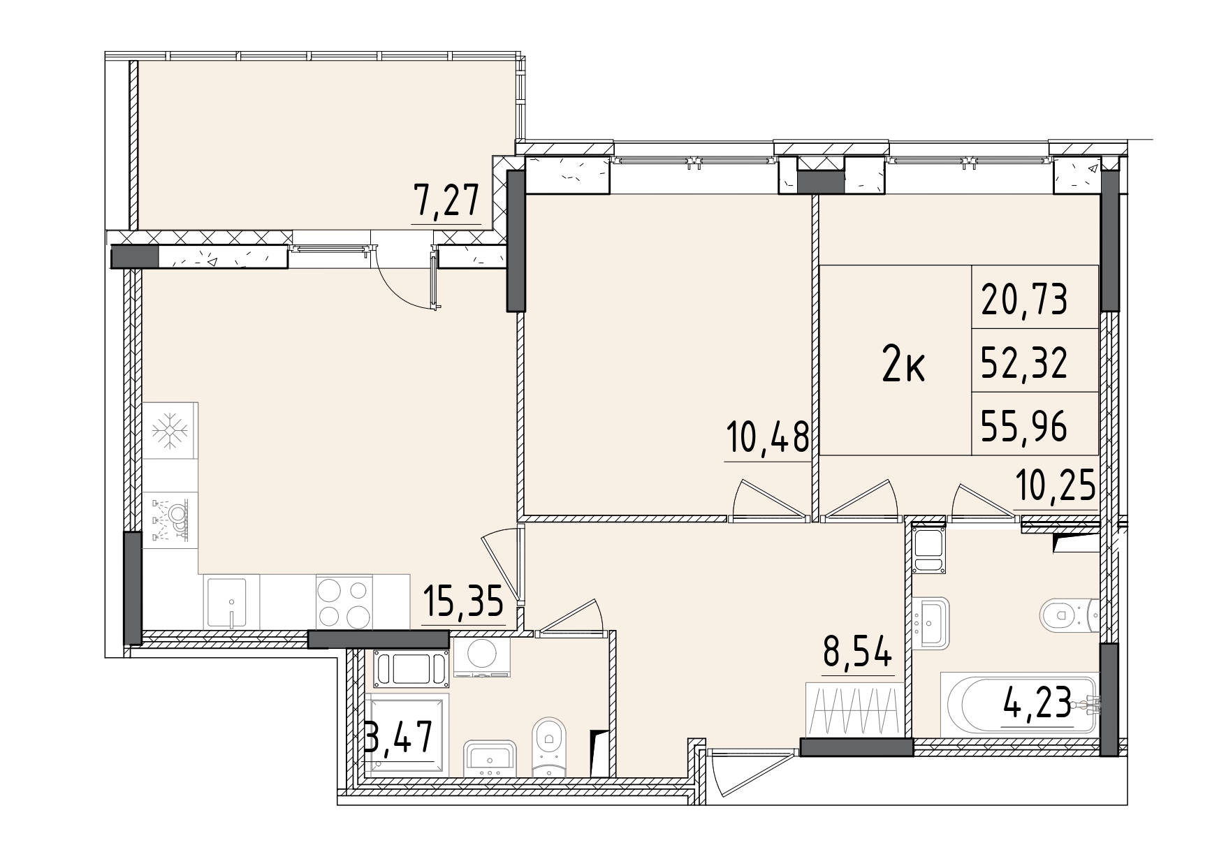3 комн. квартира, 56 м², 9 этаж 
