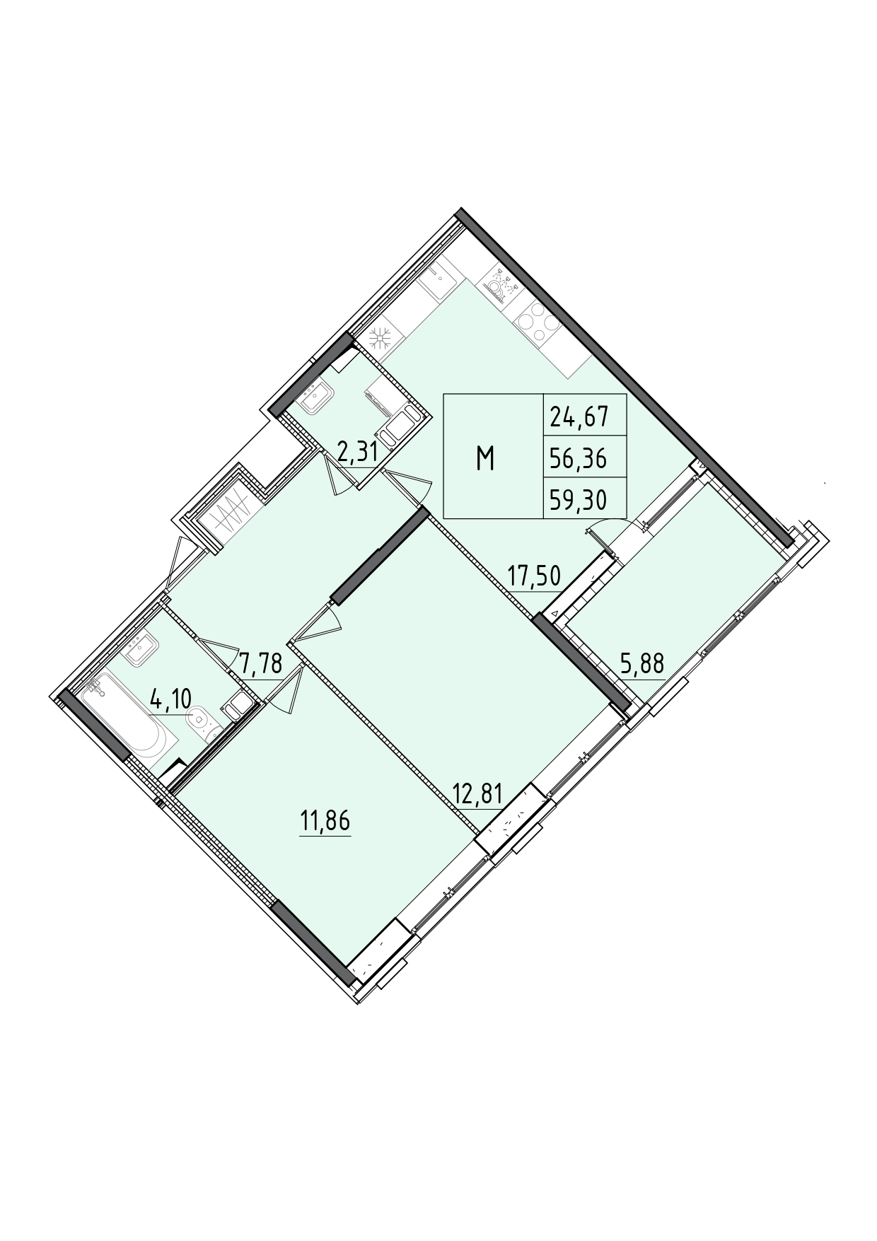 3 комн. квартира, 59.3 м², 8 этаж 