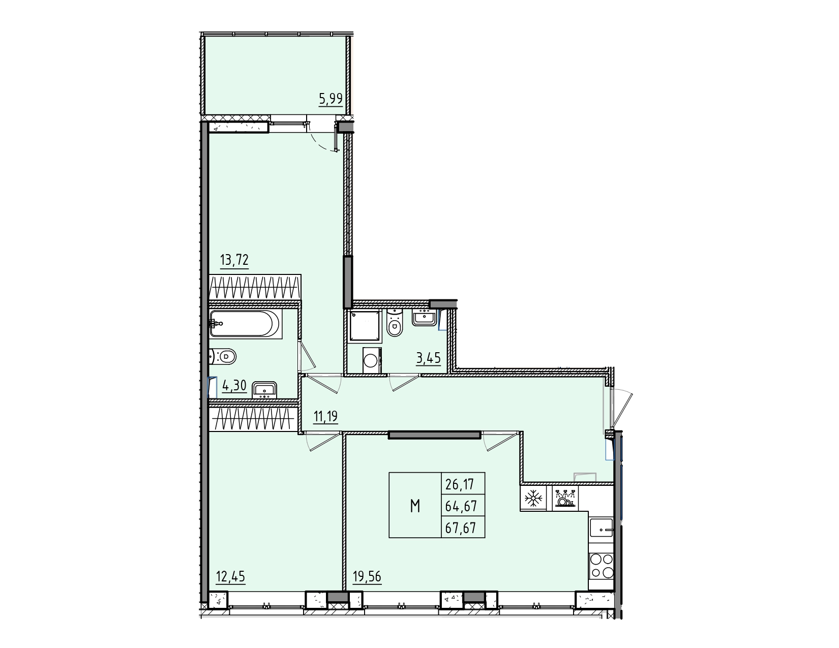 3 комн. квартира, 67.7 м², 2 этаж 