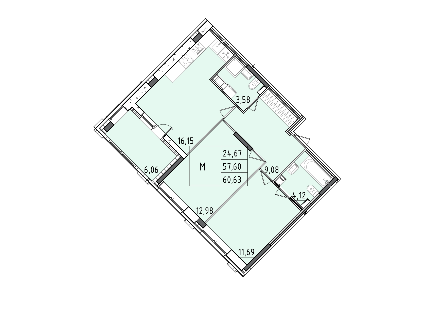 3 комн. квартира, 60.6 м², 8 этаж 