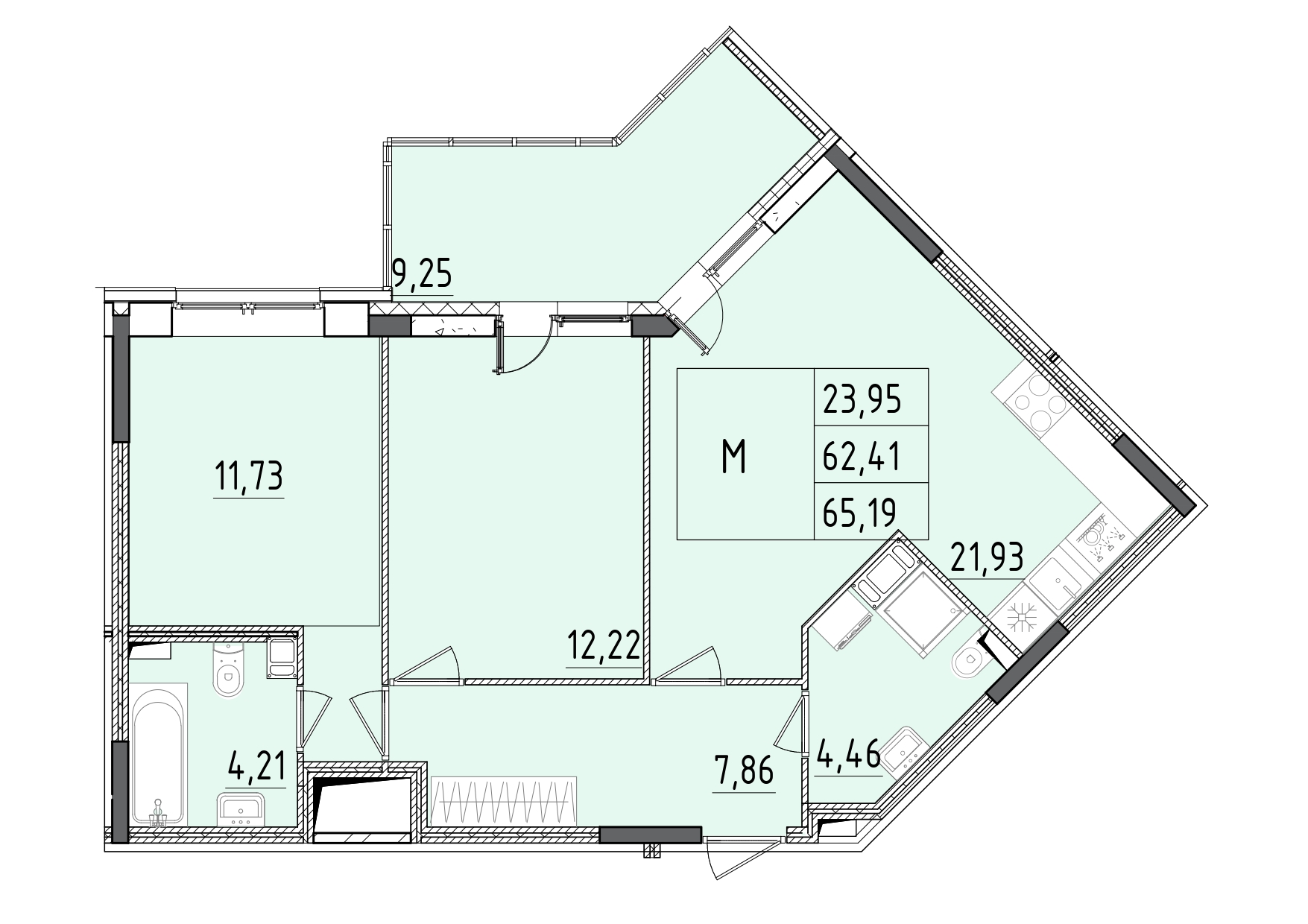 3 комн. квартира, 65.2 м², 6 этаж 