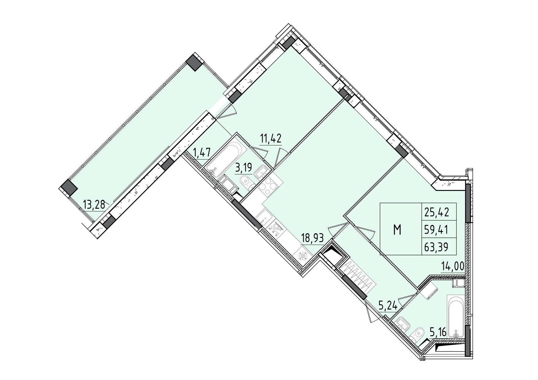 3 комн. квартира, 63.4 м², 7 этаж 