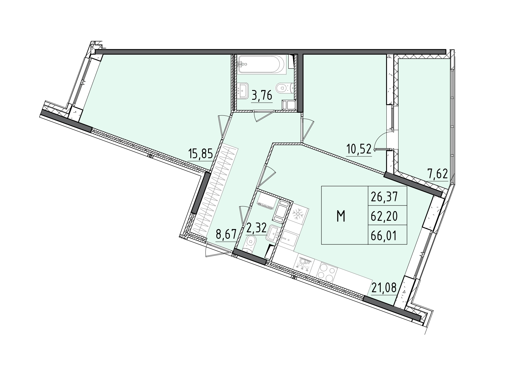 3 комн. квартира, 66 м², 7 этаж 