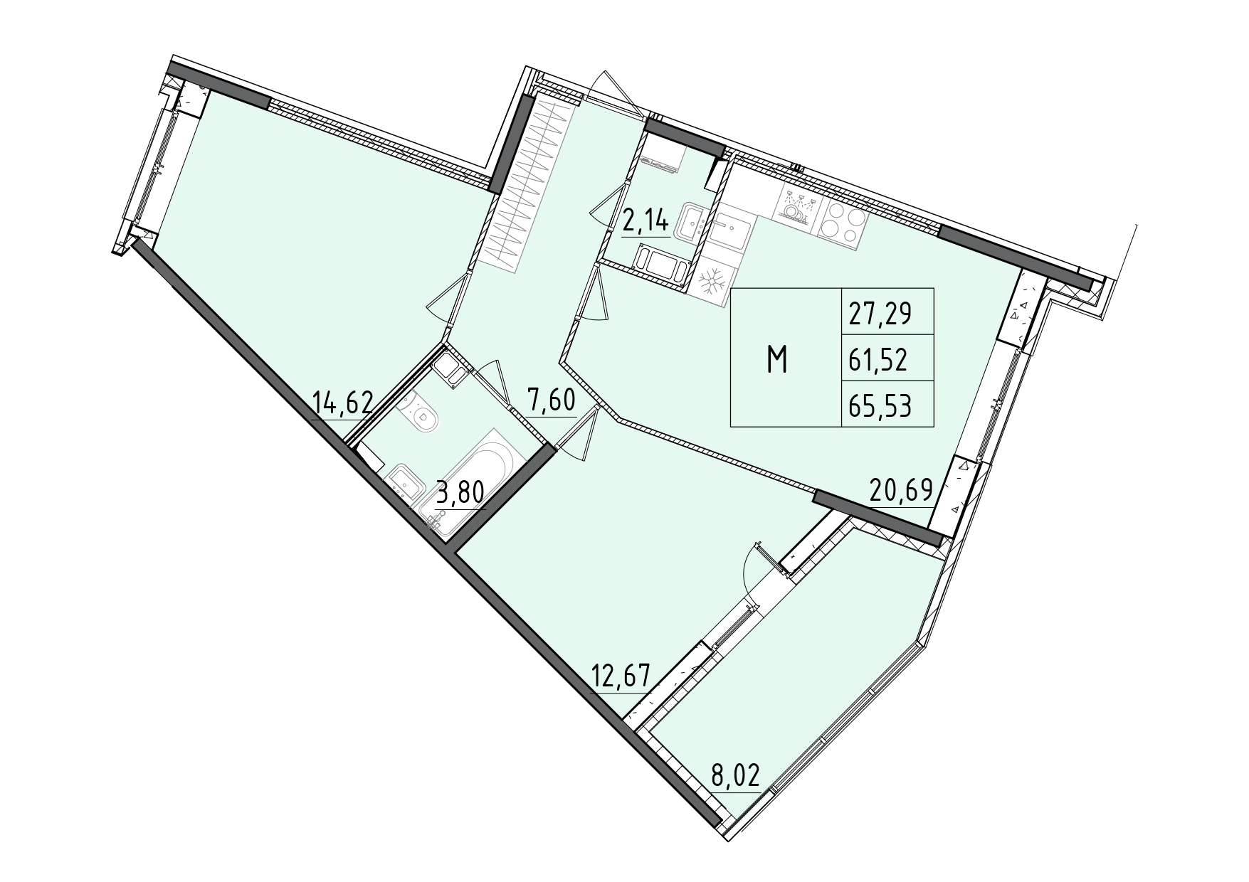 3 комн. квартира, 65.5 м², 9 этаж 