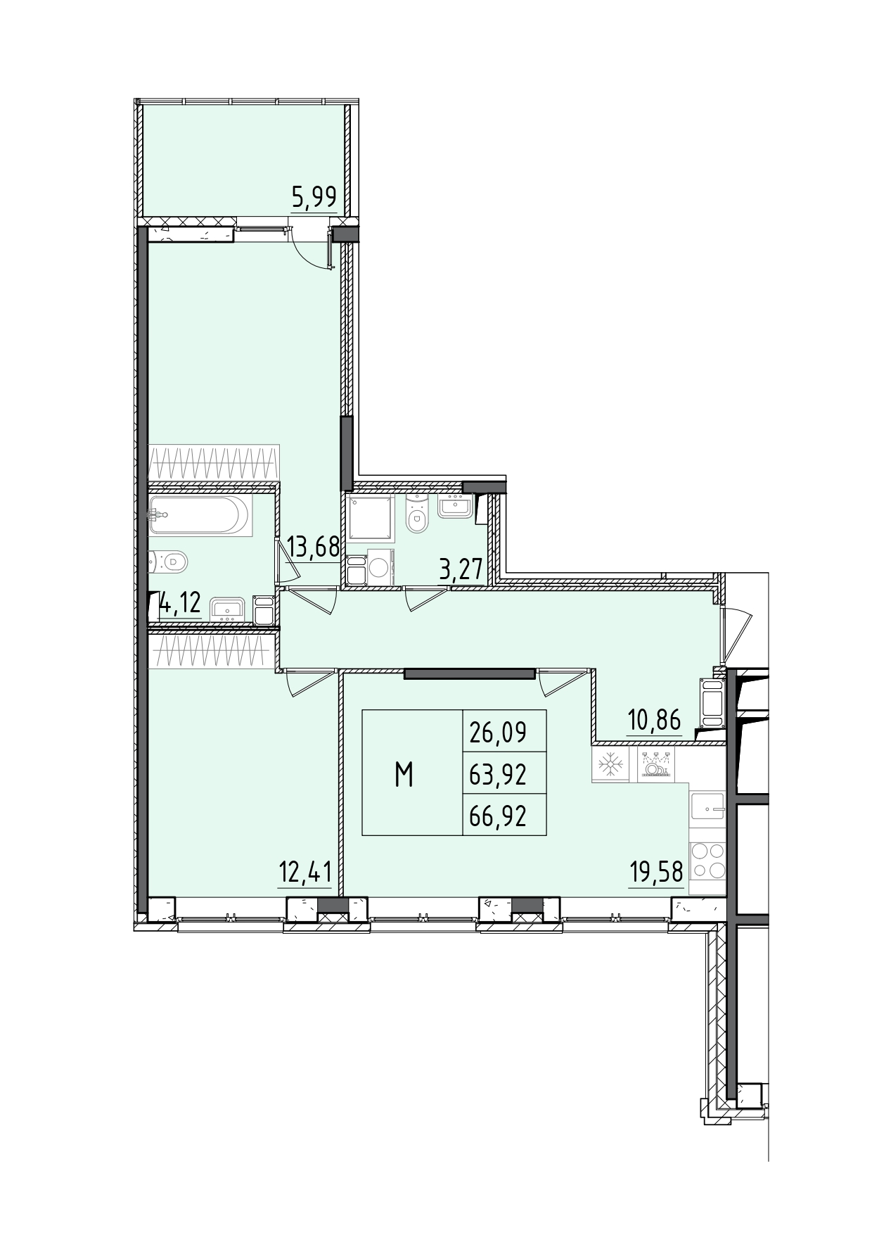 3 комн. квартира, 66.9 м², 8 этаж 