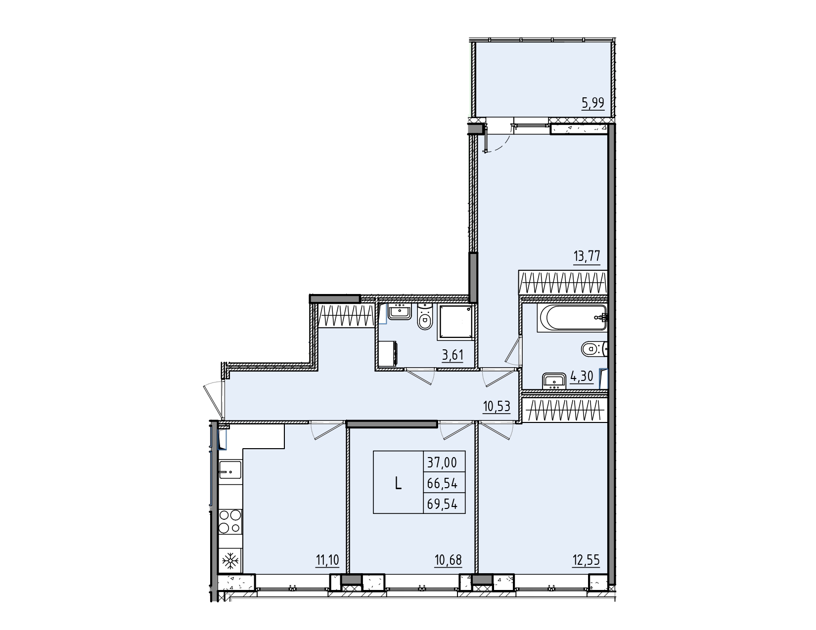 3 комн. квартира, 69.5 м², 2 этаж 