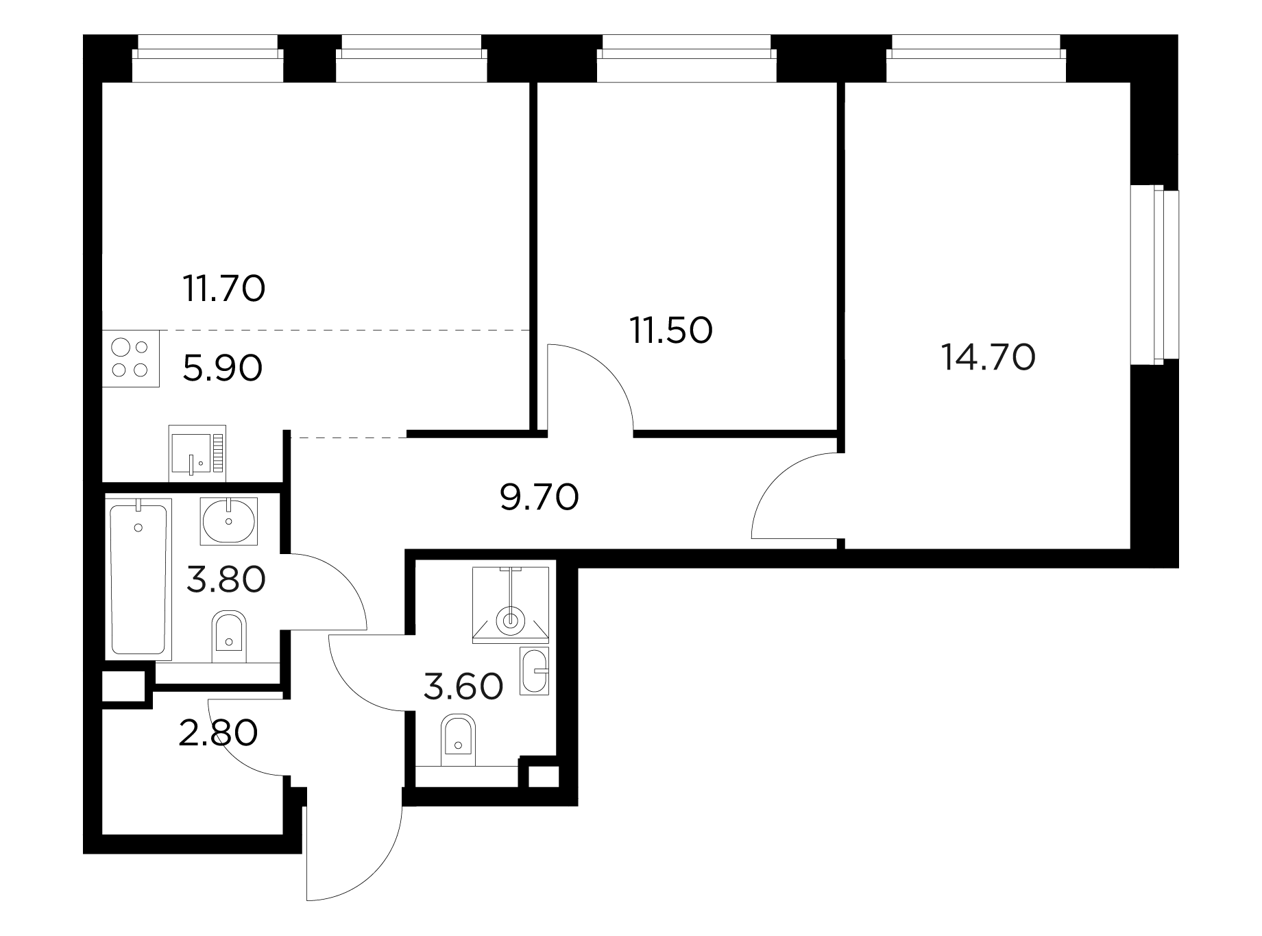 2 комн. квартира, 63.7 м², 17 этаж 