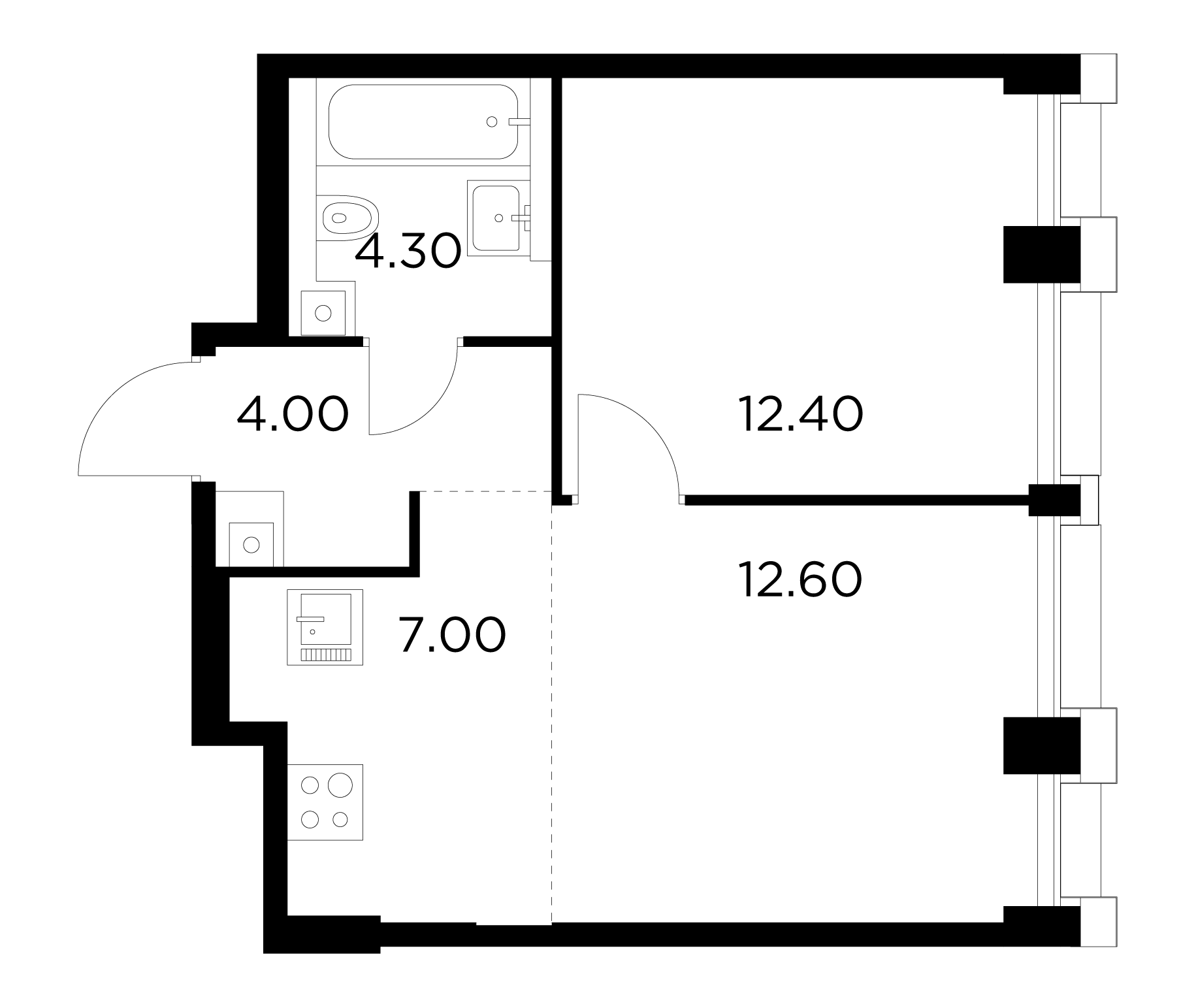 2 комн. квартира, 40.3 м², 25 этаж 