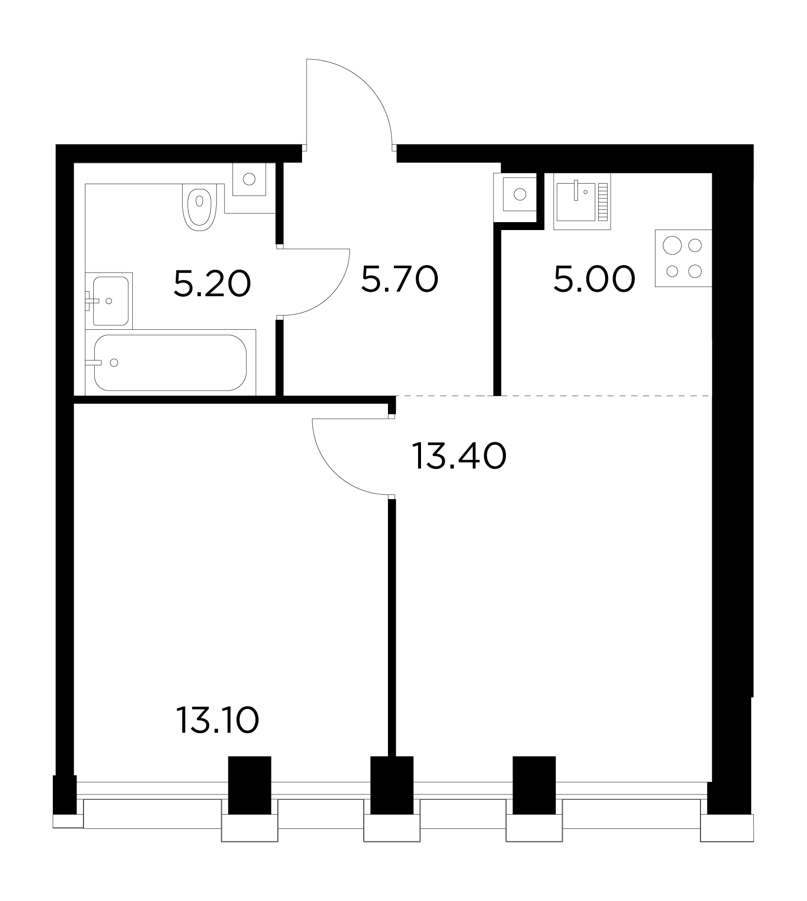 2 комн. квартира, 42.3 м², 25 этаж 