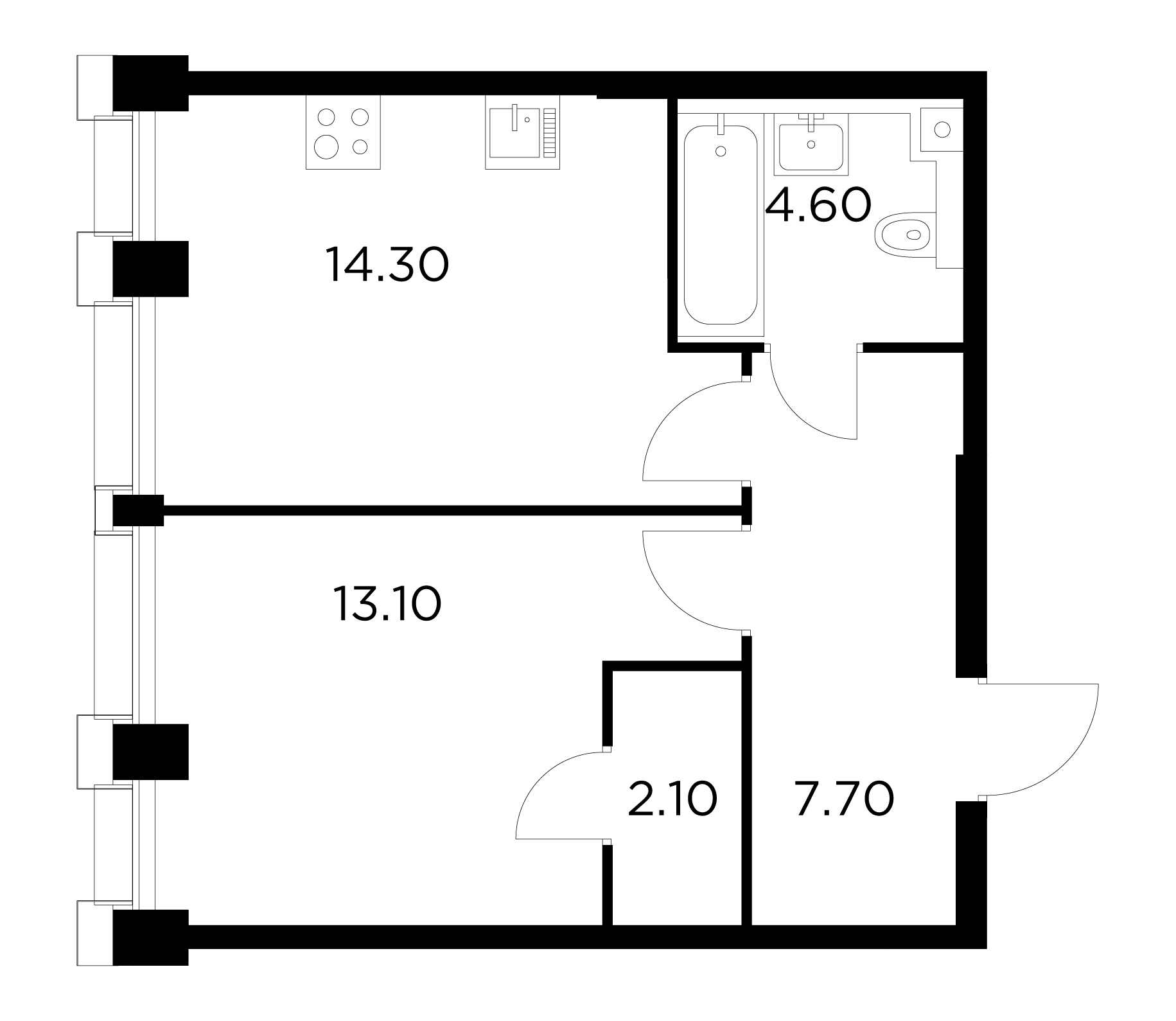 1 комн. квартира, 41.7 м², 22 этаж 