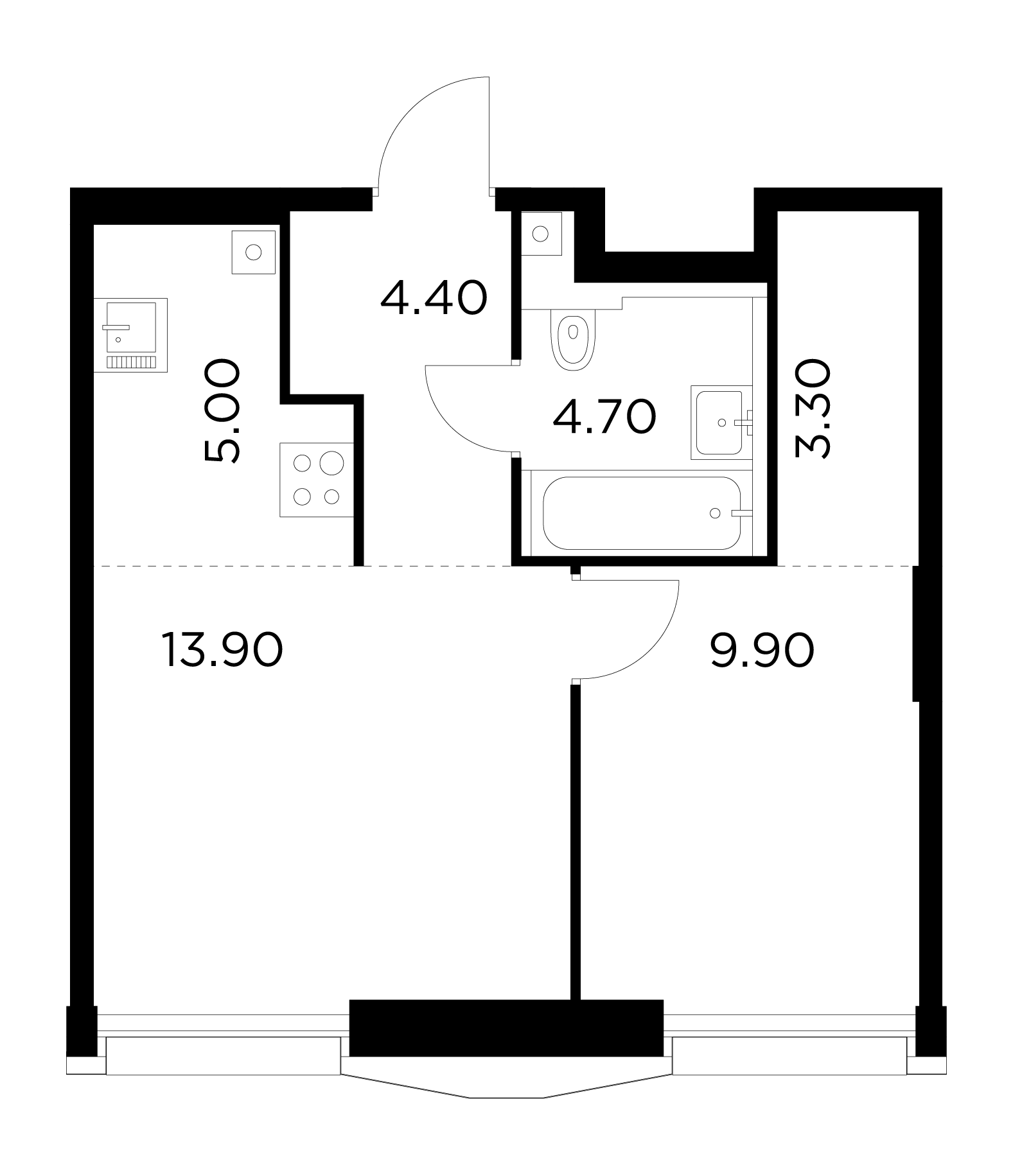 2 комн. квартира, 41.2 м², 31 этаж 
