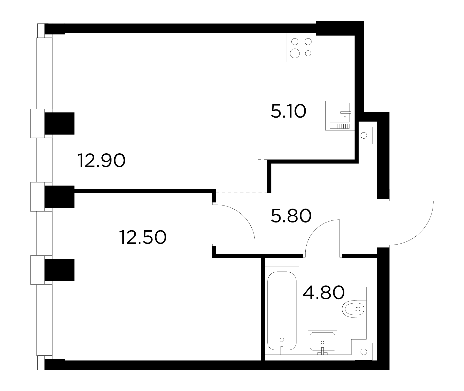 2 комн. квартира, 41.1 м², 29 этаж 