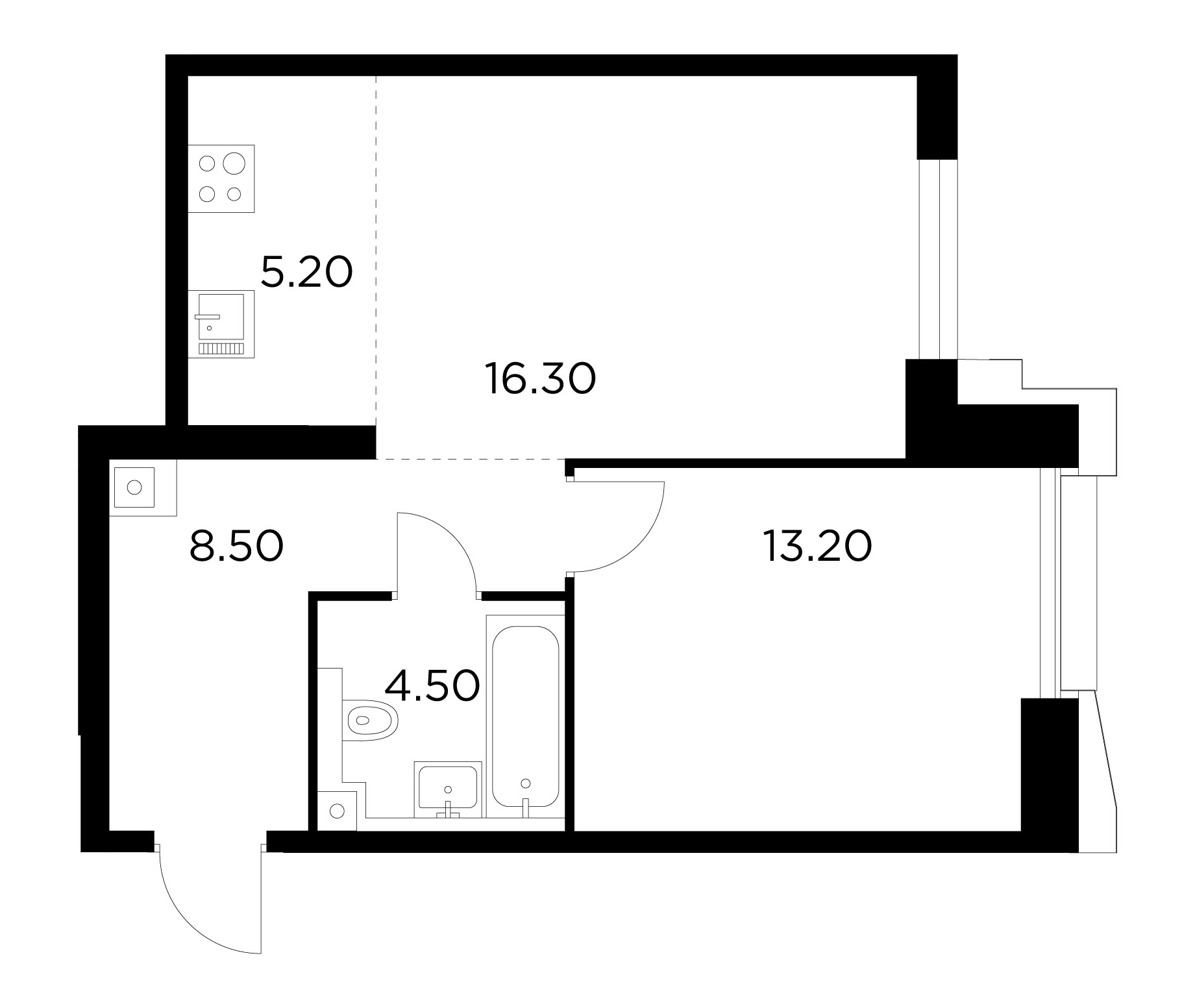 2 комн. квартира, 47.7 м², 30 этаж 