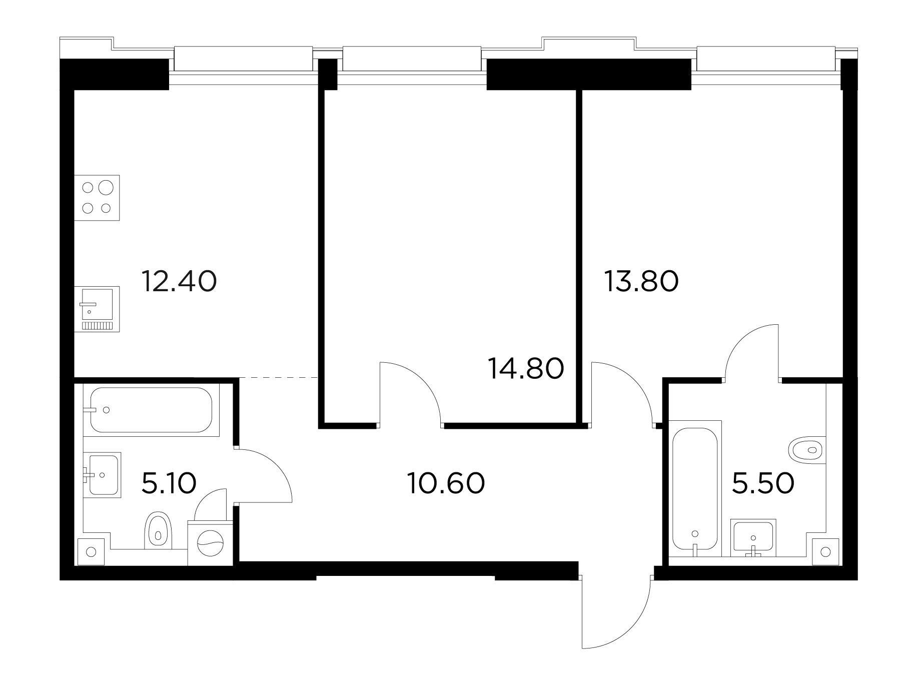 2 комн. квартира, 62.2 м², 2 этаж 