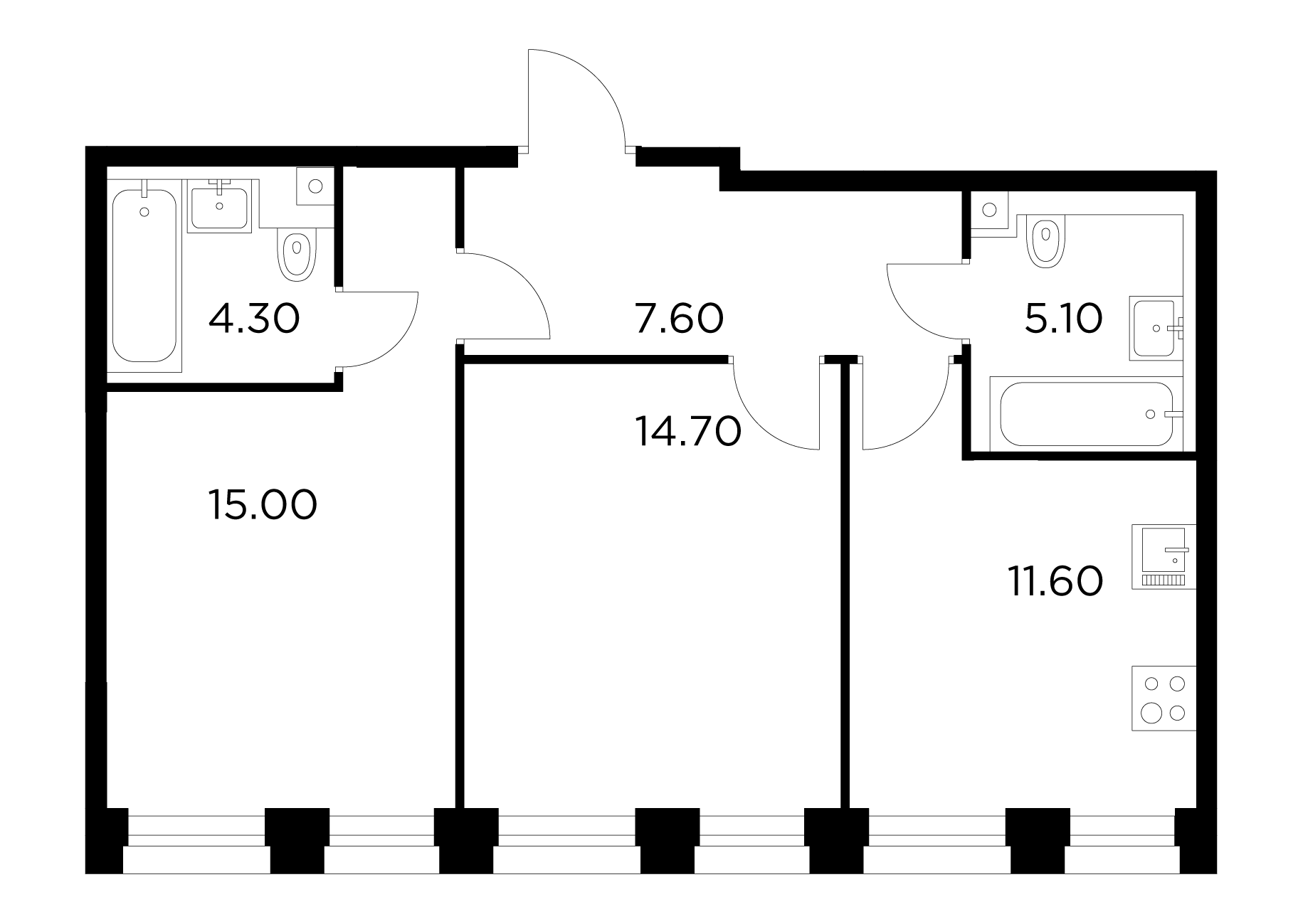 2 комн. квартира, 58.3 м², 2 этаж 