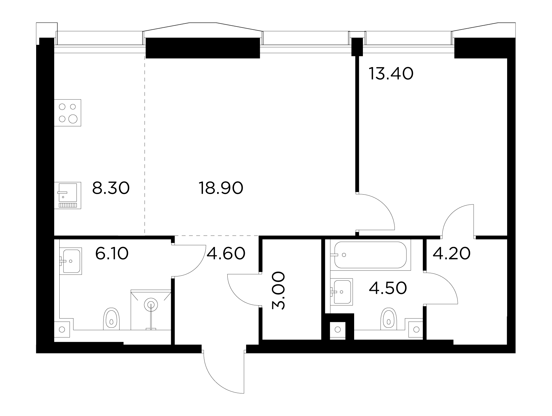 2 комн. квартира, 62.9 м², 16 этаж 