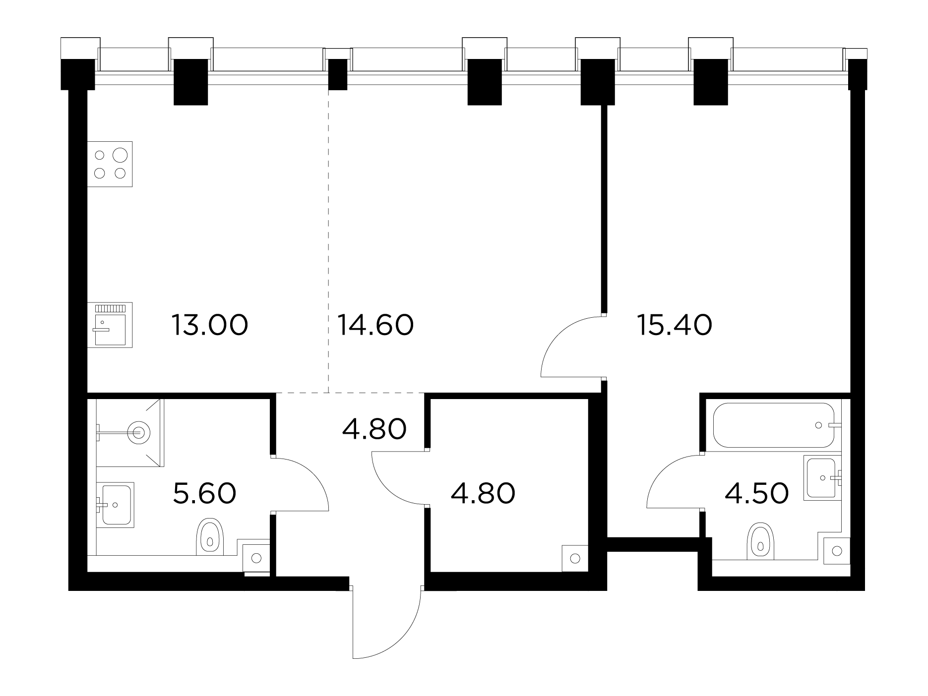 2 комн. квартира, 62.7 м², 17 этаж 