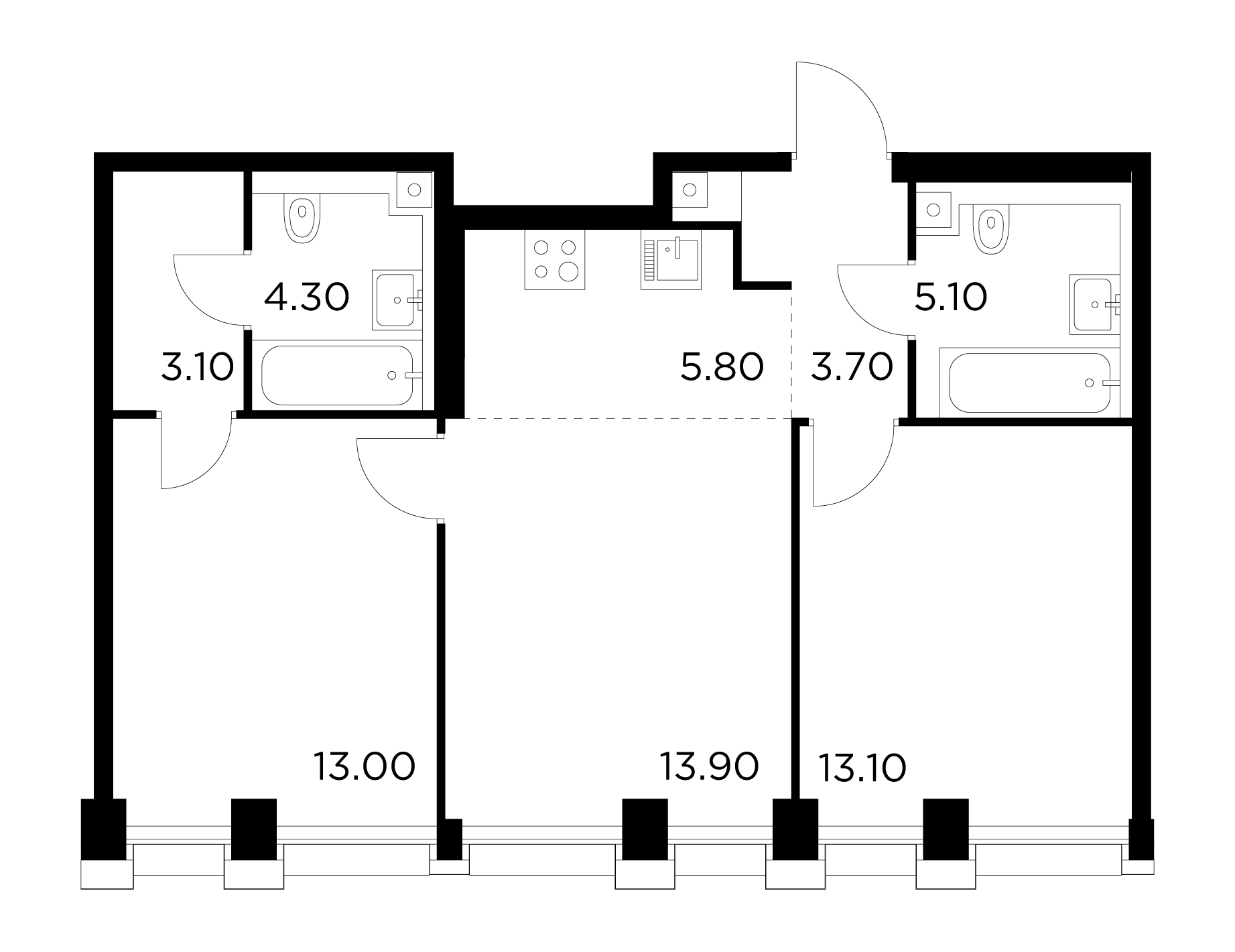 3 комн. квартира, 62 м², 29 этаж 
