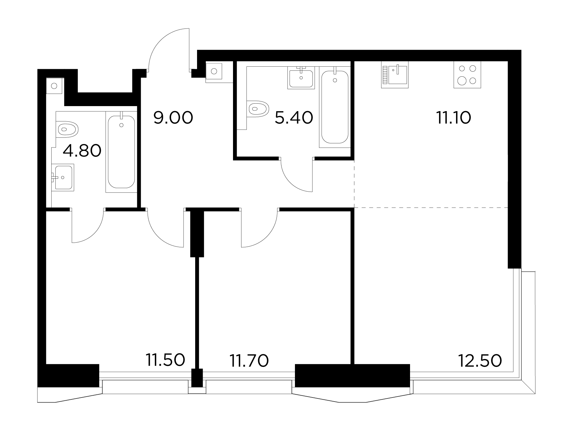3 комн. квартира, 66 м², 12 этаж 
