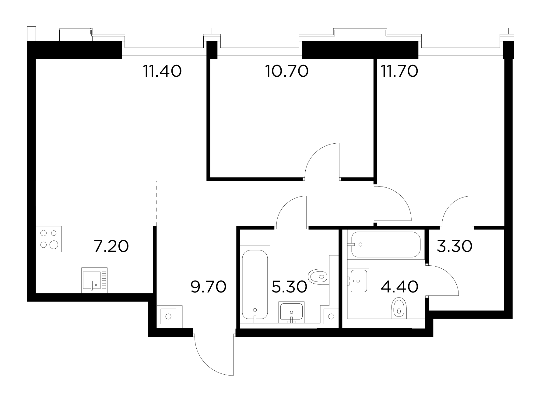 3 комн. квартира, 63.7 м², 10 этаж 