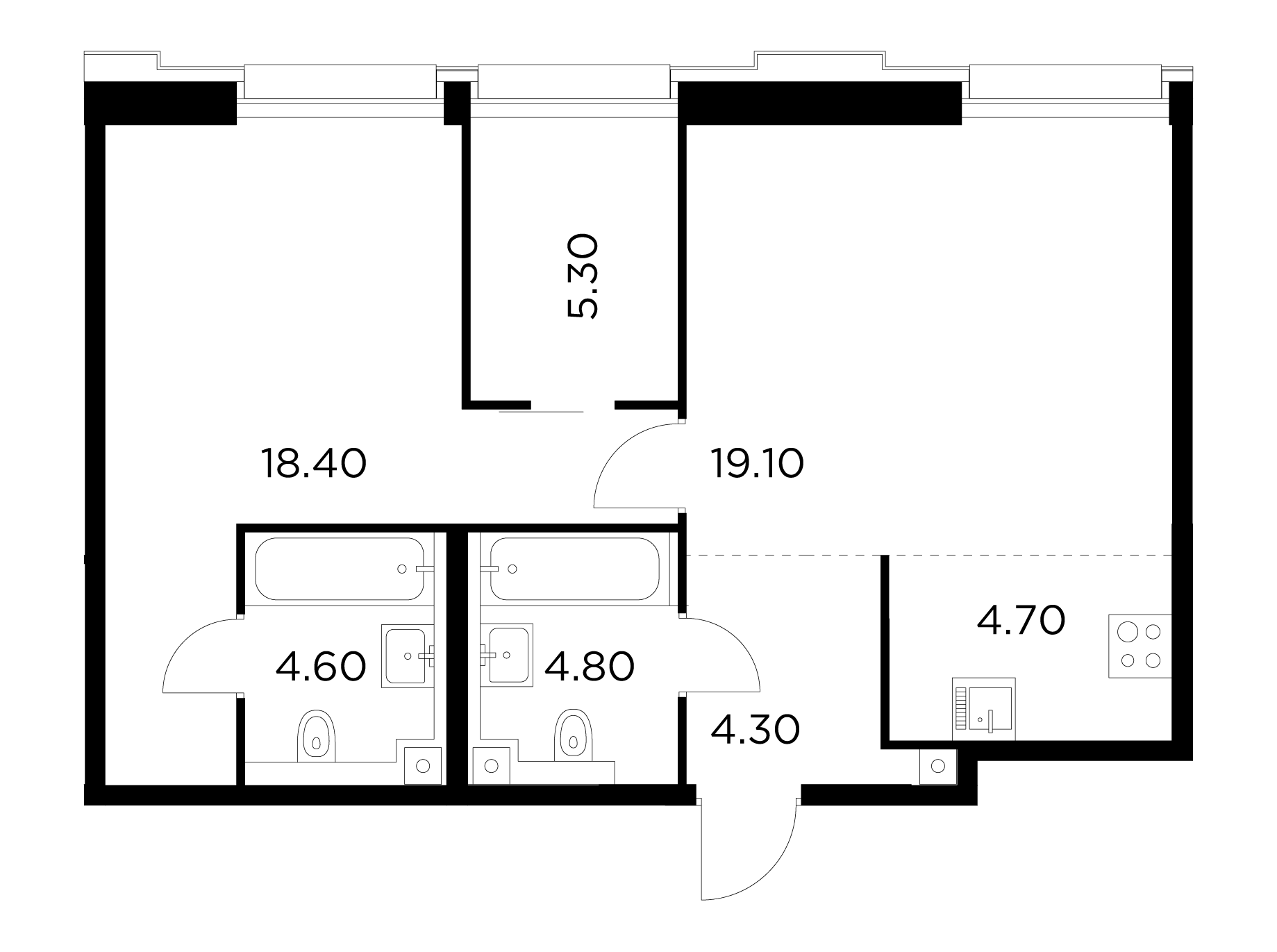 2 комн. квартира, 61.2 м², 12 этаж 