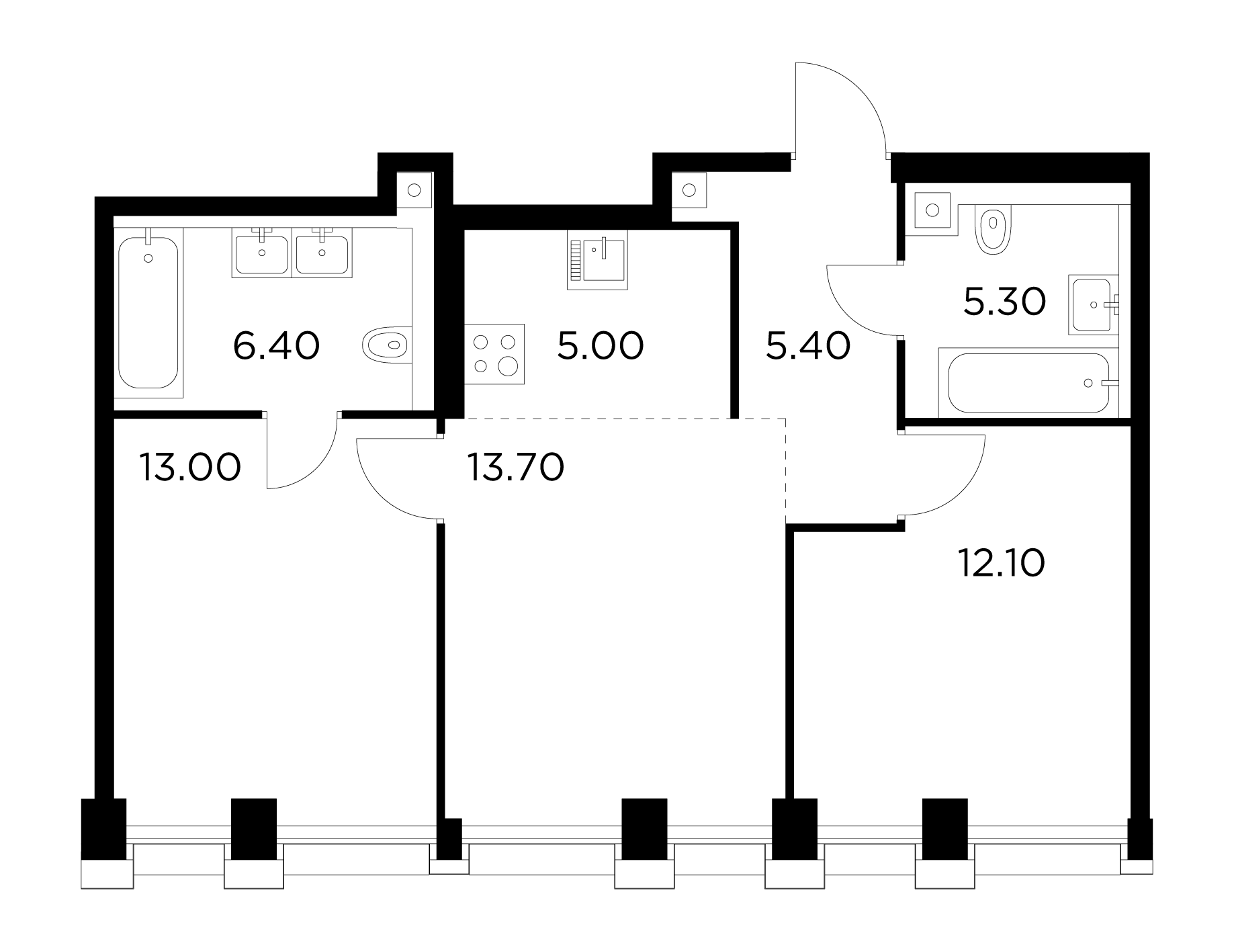 3 комн. квартира, 60.9 м², 31 этаж 