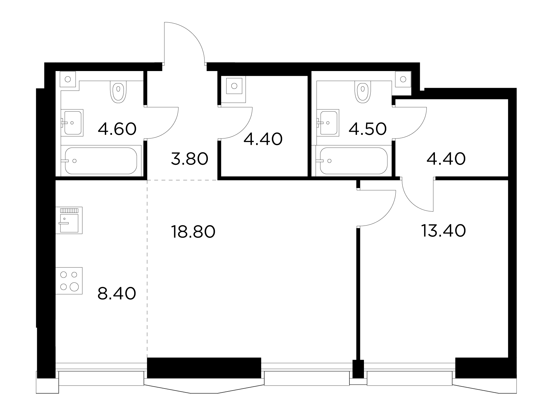 1 комн. квартира, 62.4 м², 28 этаж 