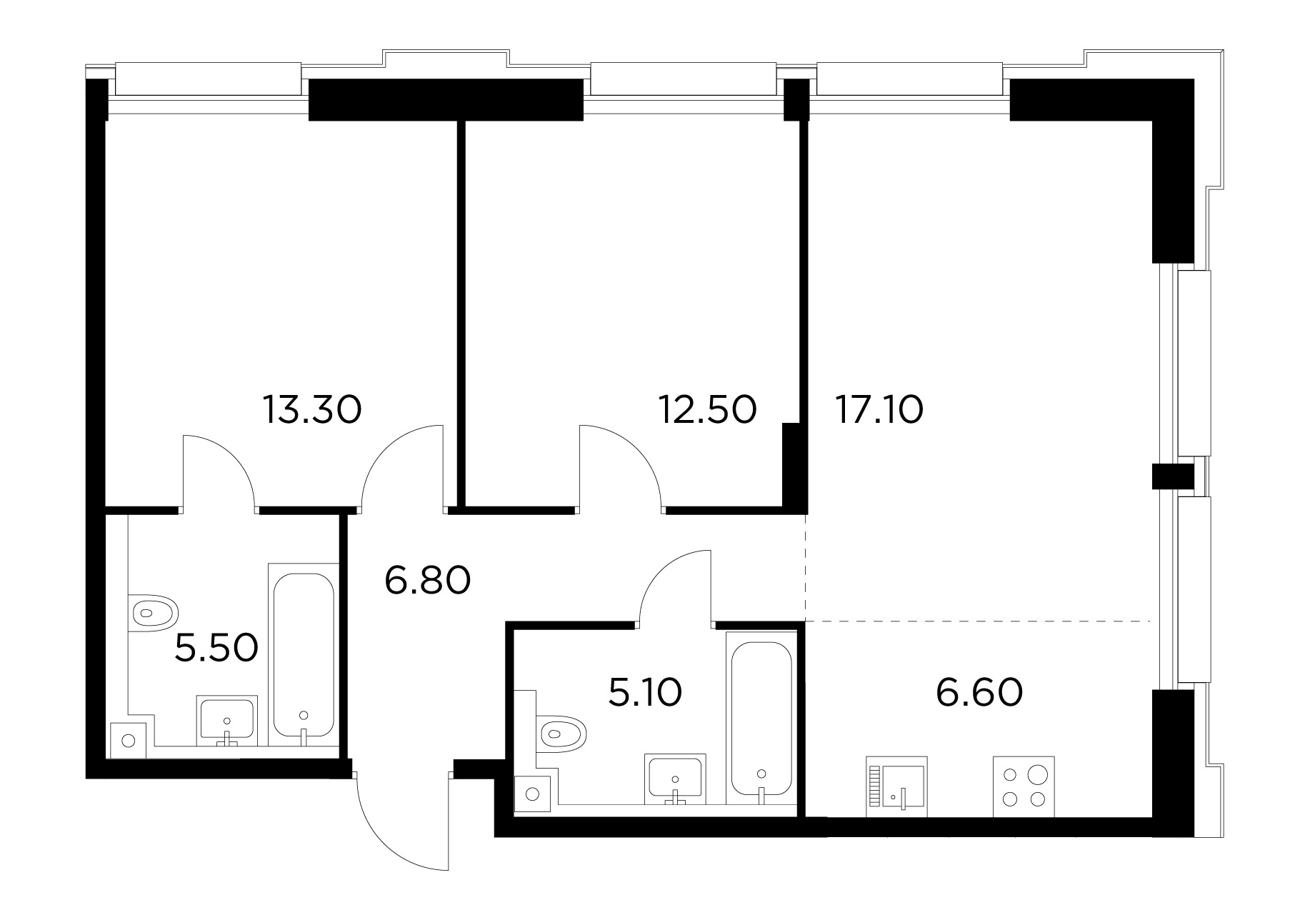 3 комн. квартира, 66.9 м², 10 этаж 