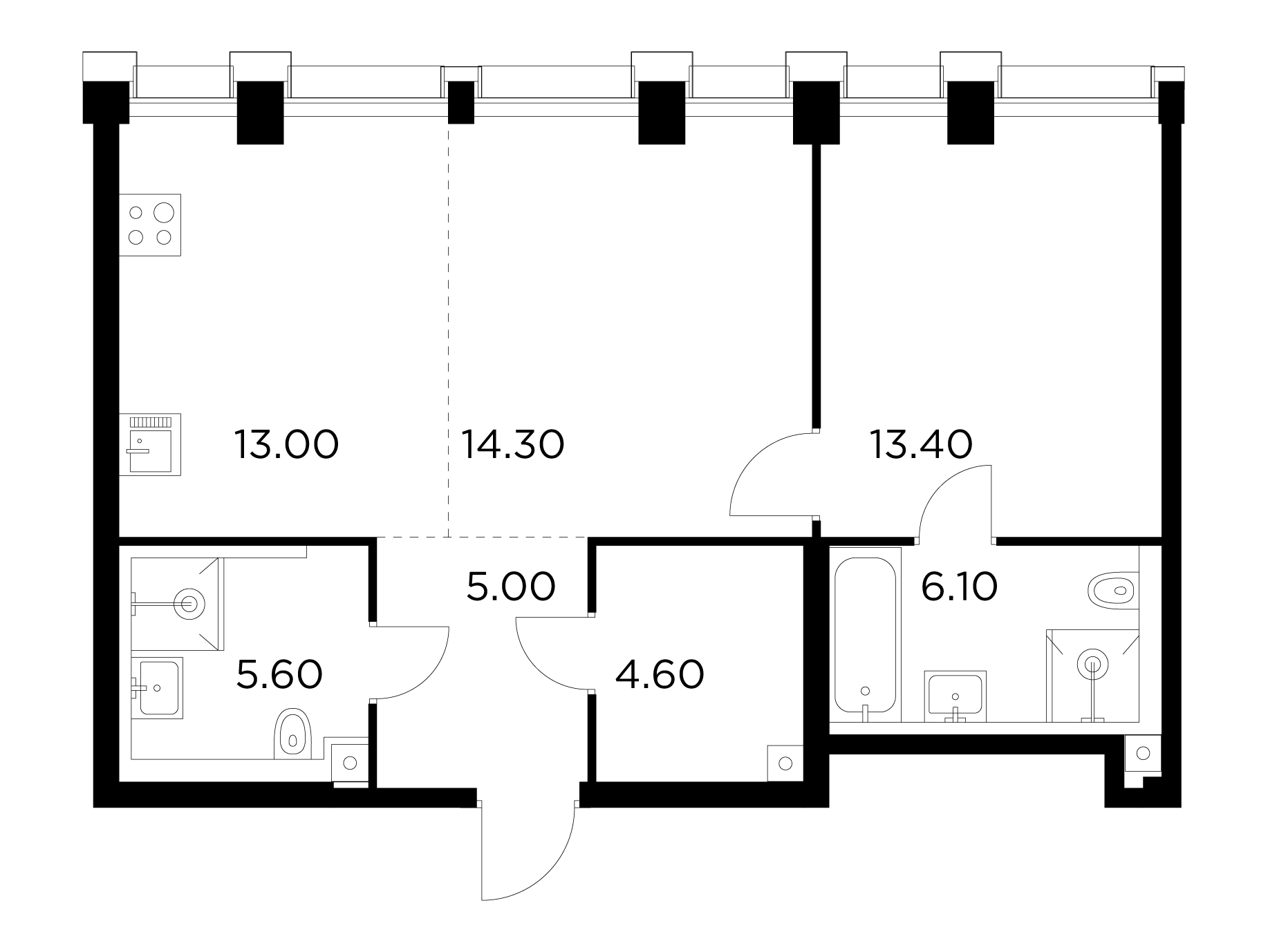 2 комн. квартира, 62 м², 33 этаж 